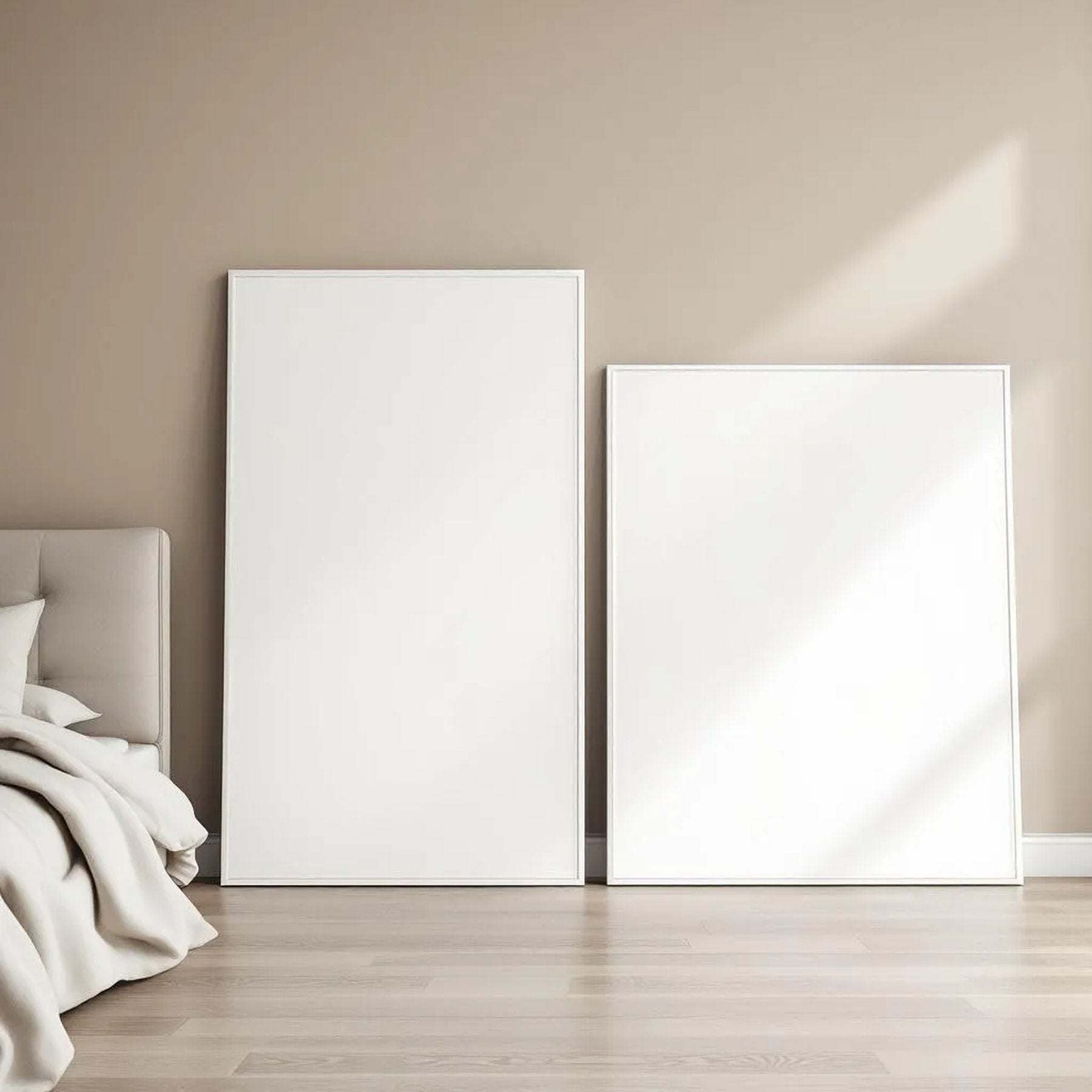 White Bedroom Professional Frame Mockup — Plain Square Frame Portrait 2:3 — Perspective View — #02770 | MockupBulk