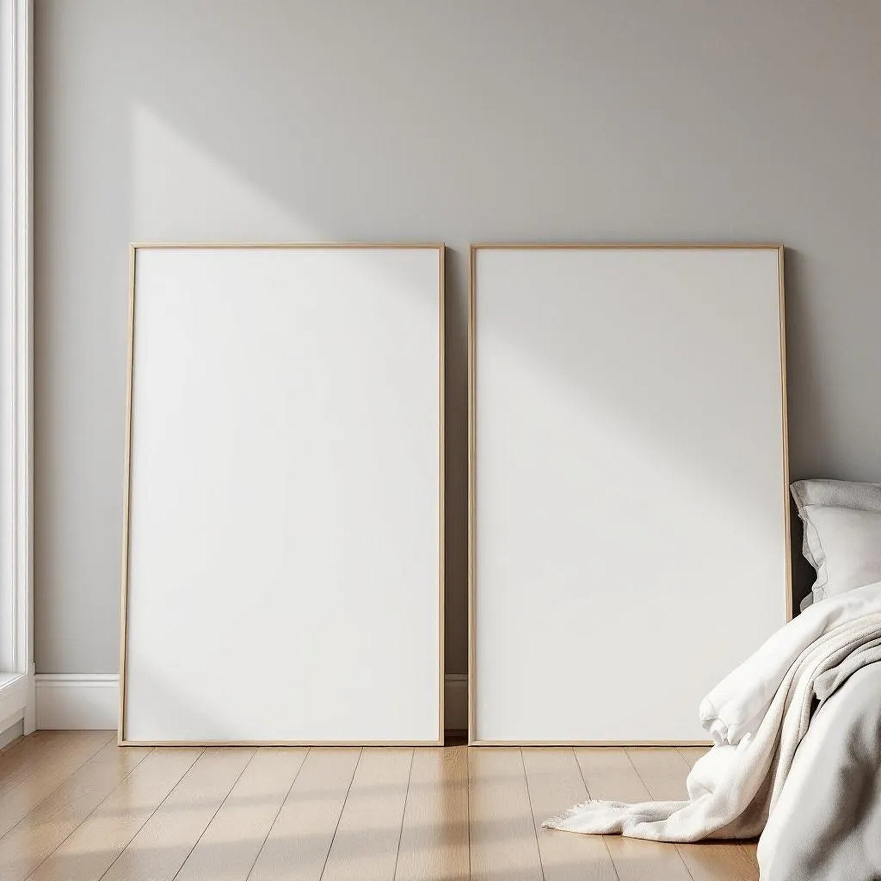 White Bedroom Room Scene Mockup — Plain Square Frame Portrait 2:3 — Perspective View — #02772 | MockupBulk