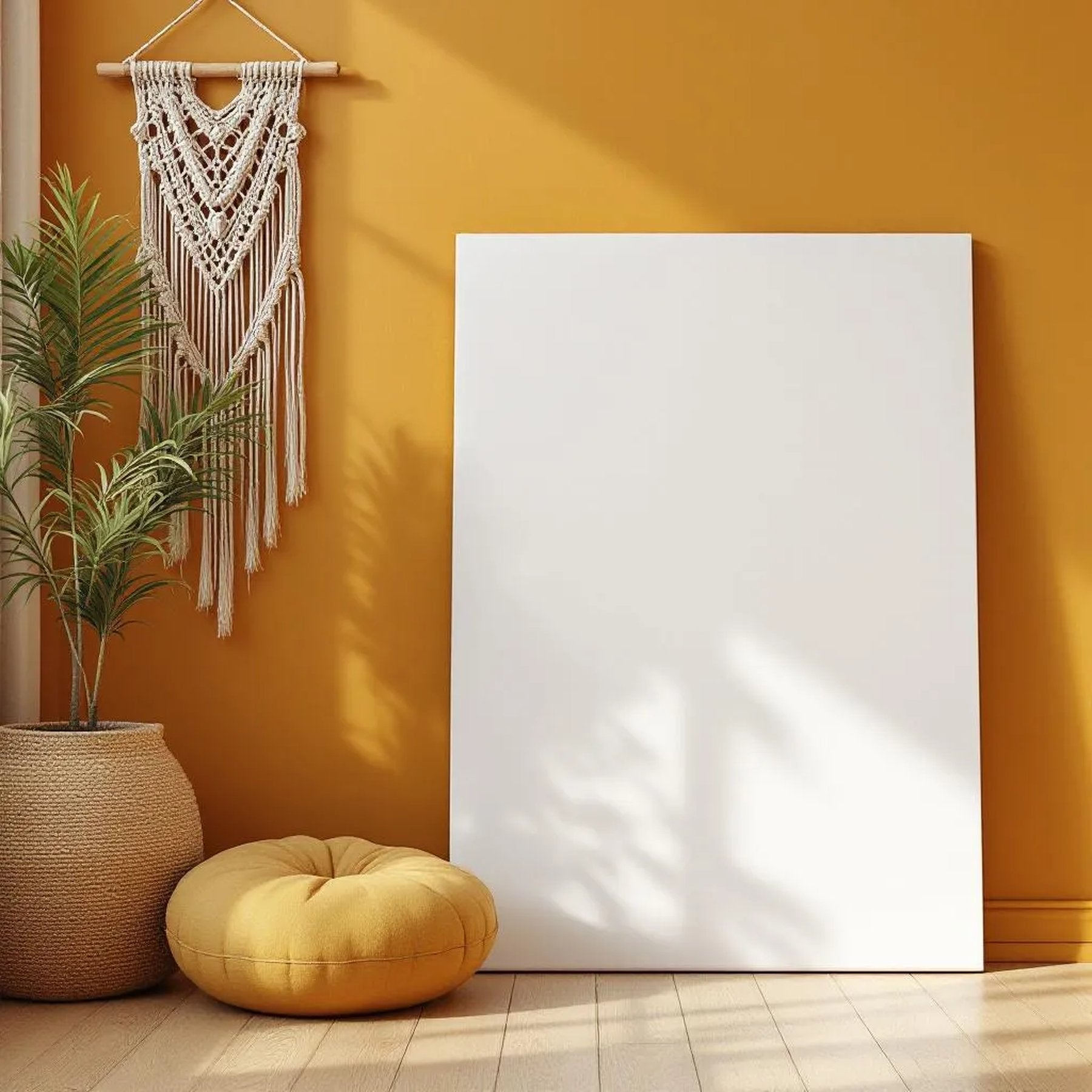 Boho Living Room Wall Art Mockup — Plain Square Frame Portrait 2:3 — Perspective View — #03128 | MockupBulk