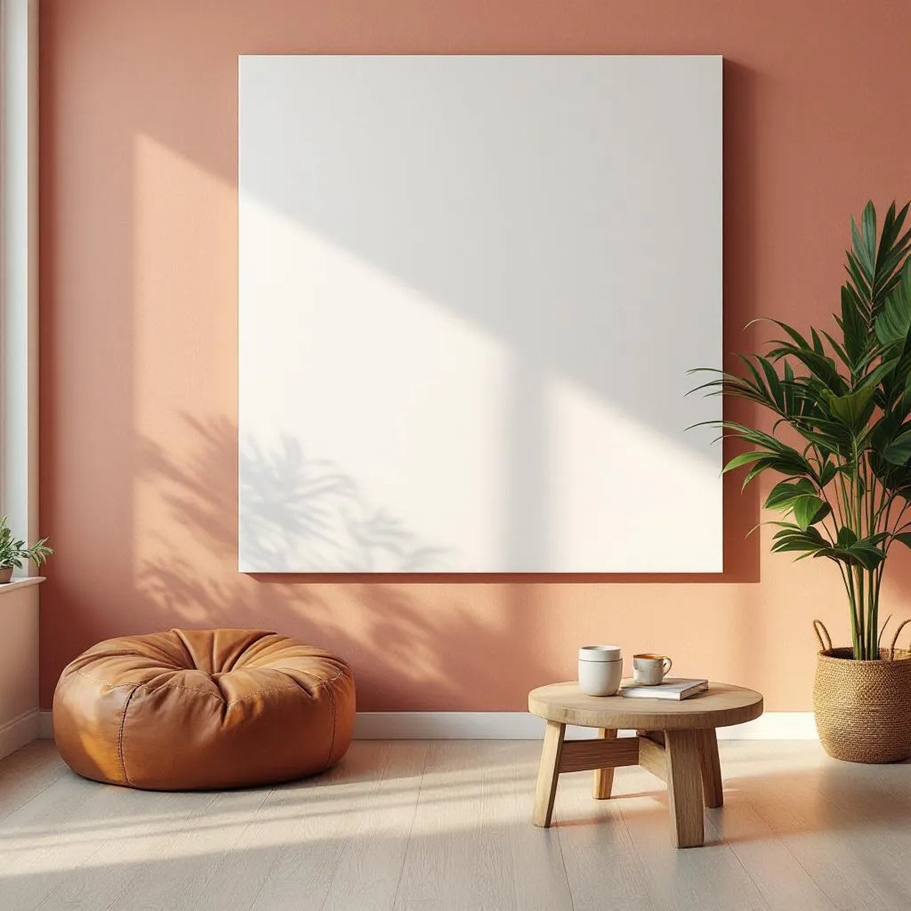 Boho Living Room Wall Art Mockup — Plain Square Frame Portrait 2:3 — Perspective View — #03129 | MockupBulk
