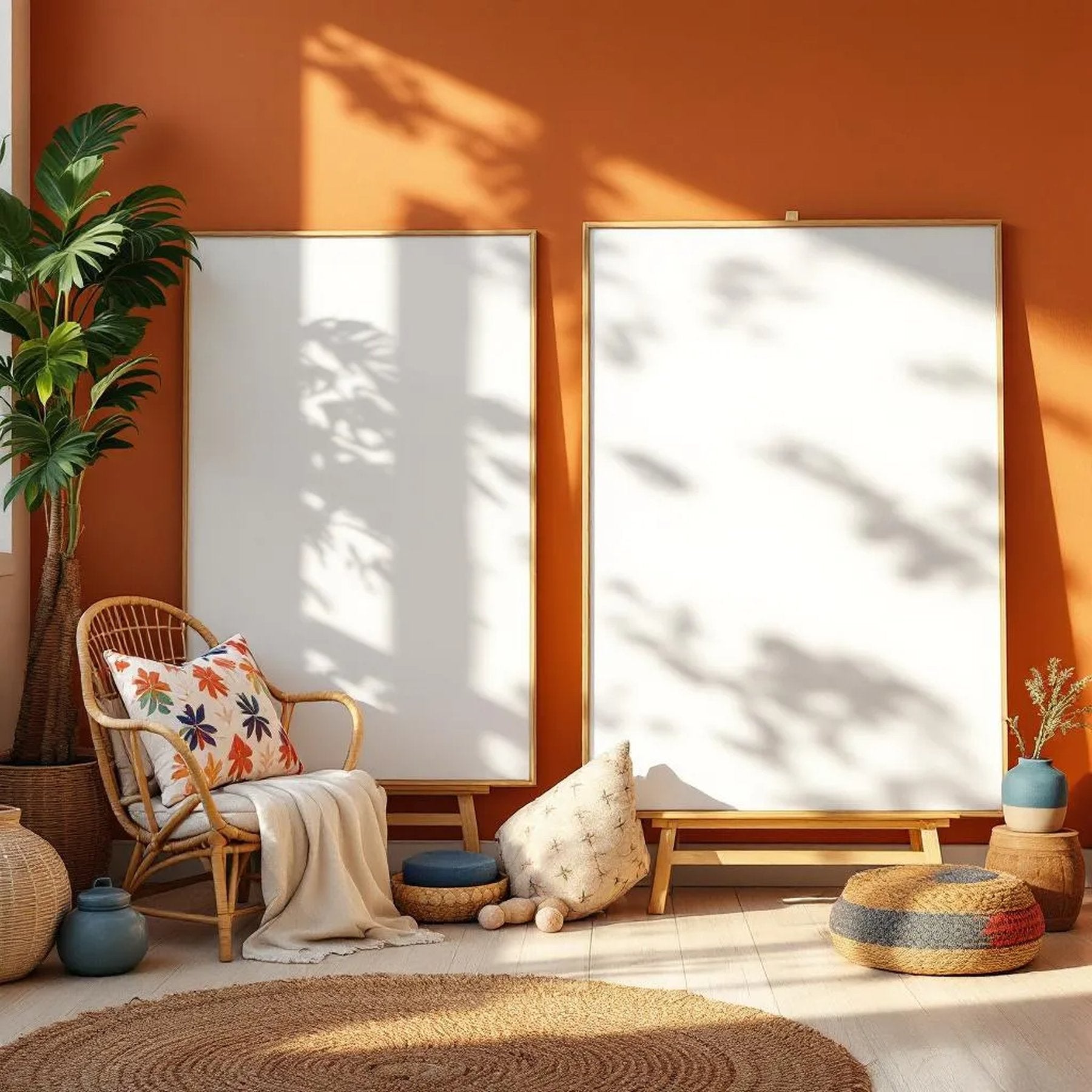 Boho Living Room High-Res Frame Mockup — Plain Square Frame Portrait 2:3 — Perspective View — #03130 | MockupBulk