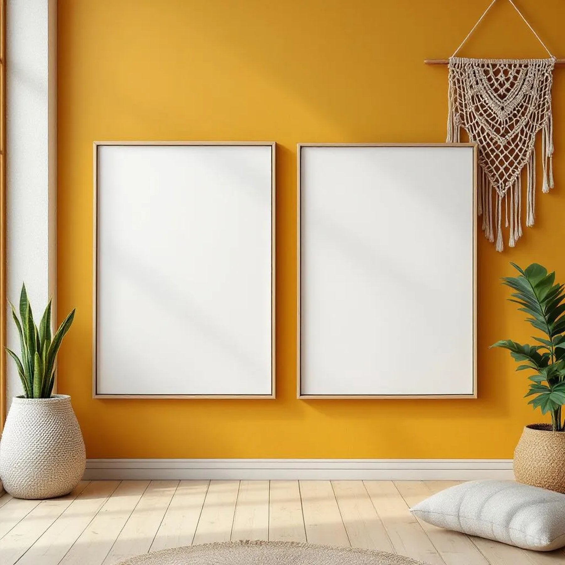 Boho Living Room High-Res Frame Mockup — Plain Square Frame Portrait 2:3 — Perspective View — #03131 | MockupBulk