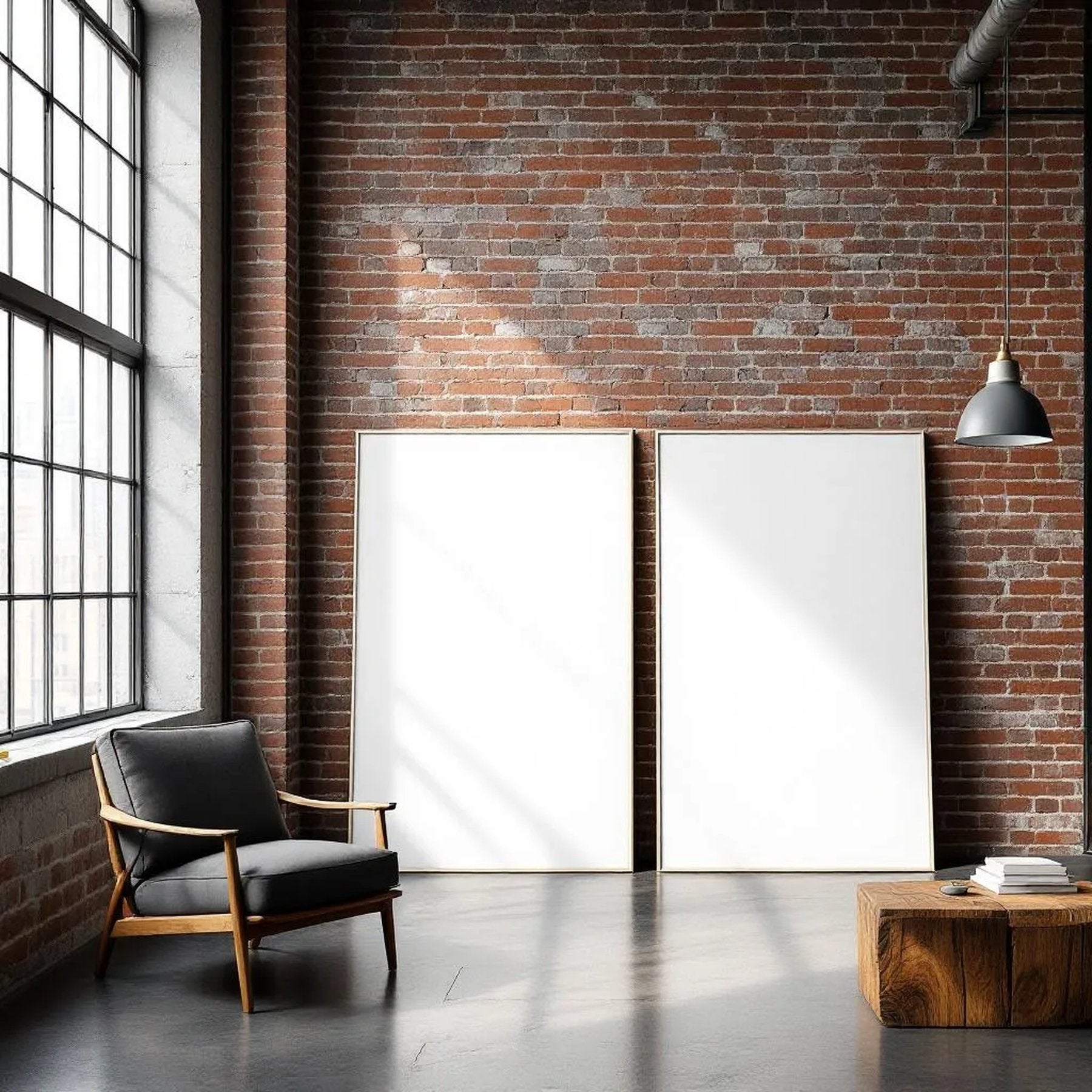 Industrial Loft Styled Room Mockup — Plain Square Frame Portrait 2:3 — Perspective View — #02747 | MockupBulk