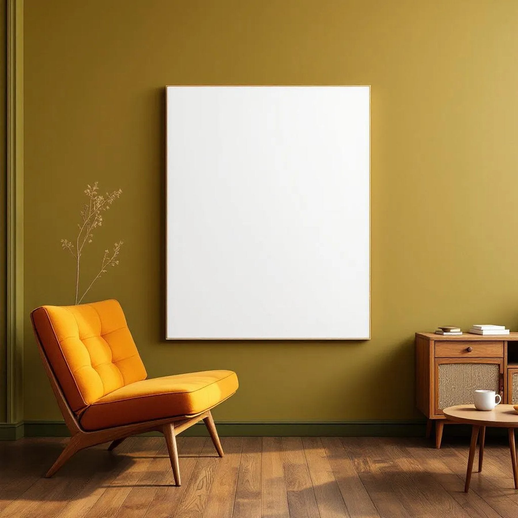 Mid-Century Modern Room Scene Mockup — Plain Square Frame Portrait 4:5 — Perspective View — #03152 | MockupBulk