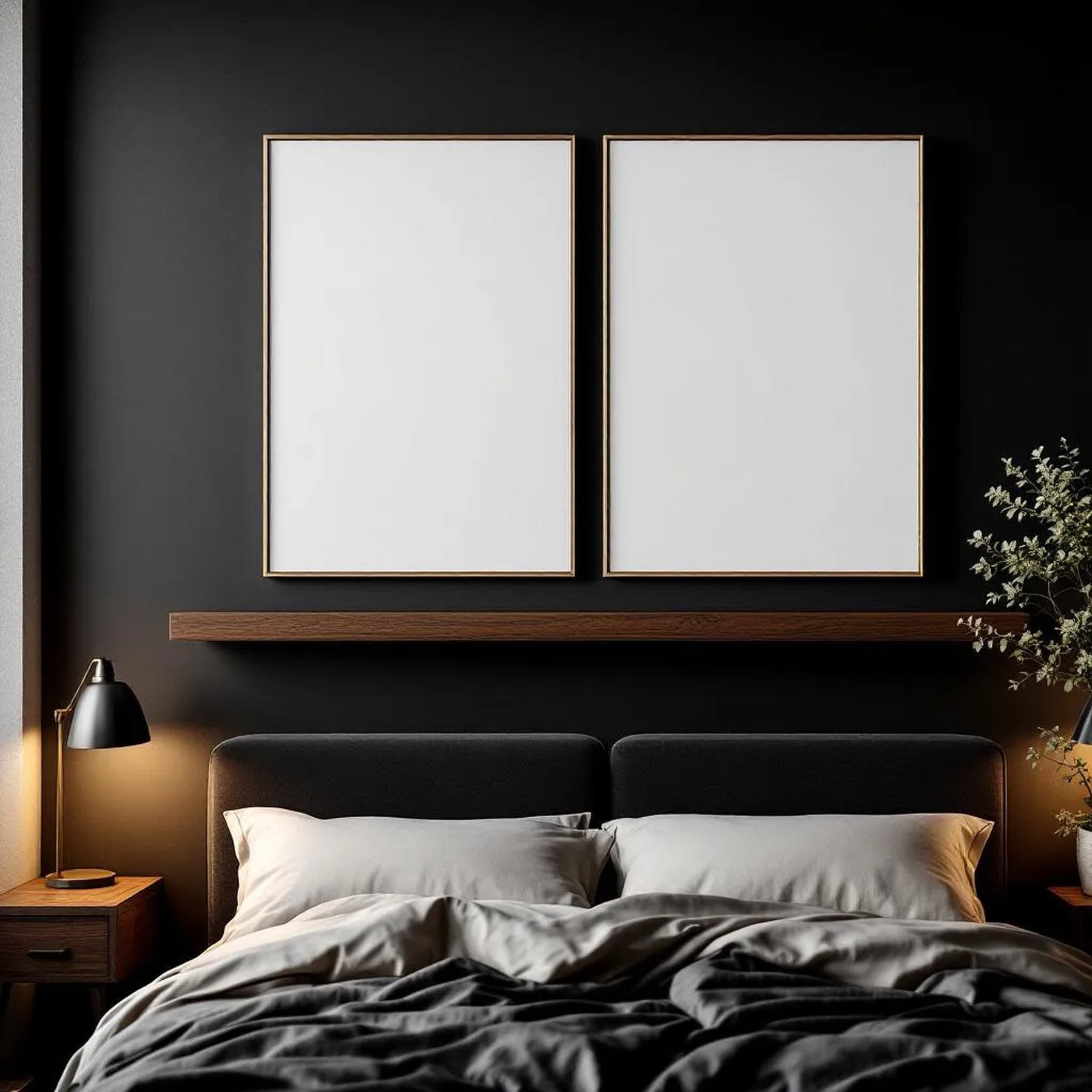 Dark Bedroom Wall Art Mockup — Plain Square Frame Portrait 2:3 — Perspective View — #02807 | MockupBulk