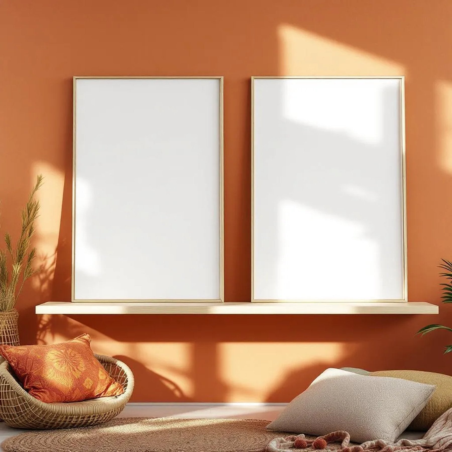 Boho Living Room Room Scene Mockup — Plain Square Frame Portrait 2:3 — Perspective View — #03142 | MockupBulk
