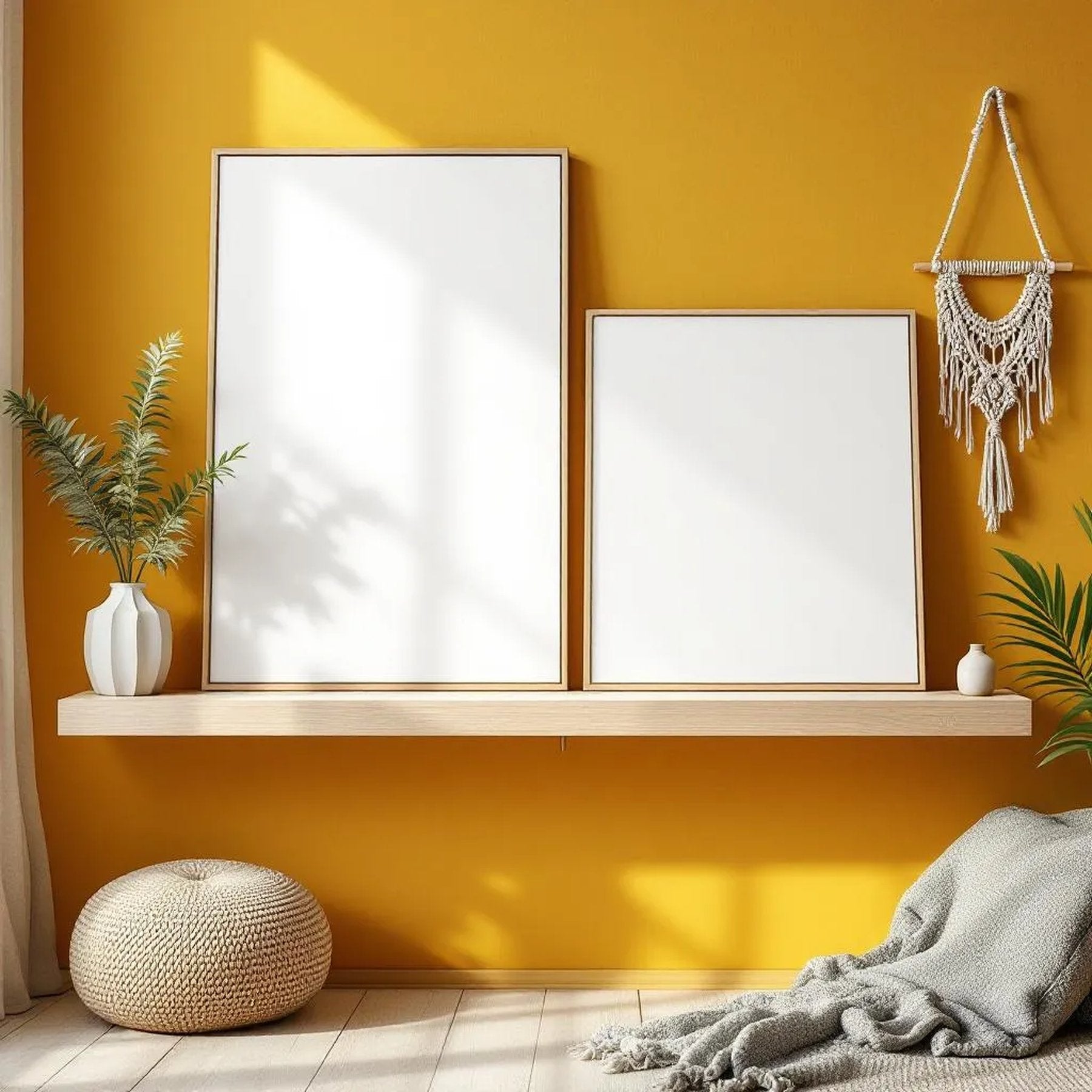 Boho Living Room Interior Frame Mockup — Plain Square Frame Portrait 2:3 — Perspective View — #03143 | MockupBulk