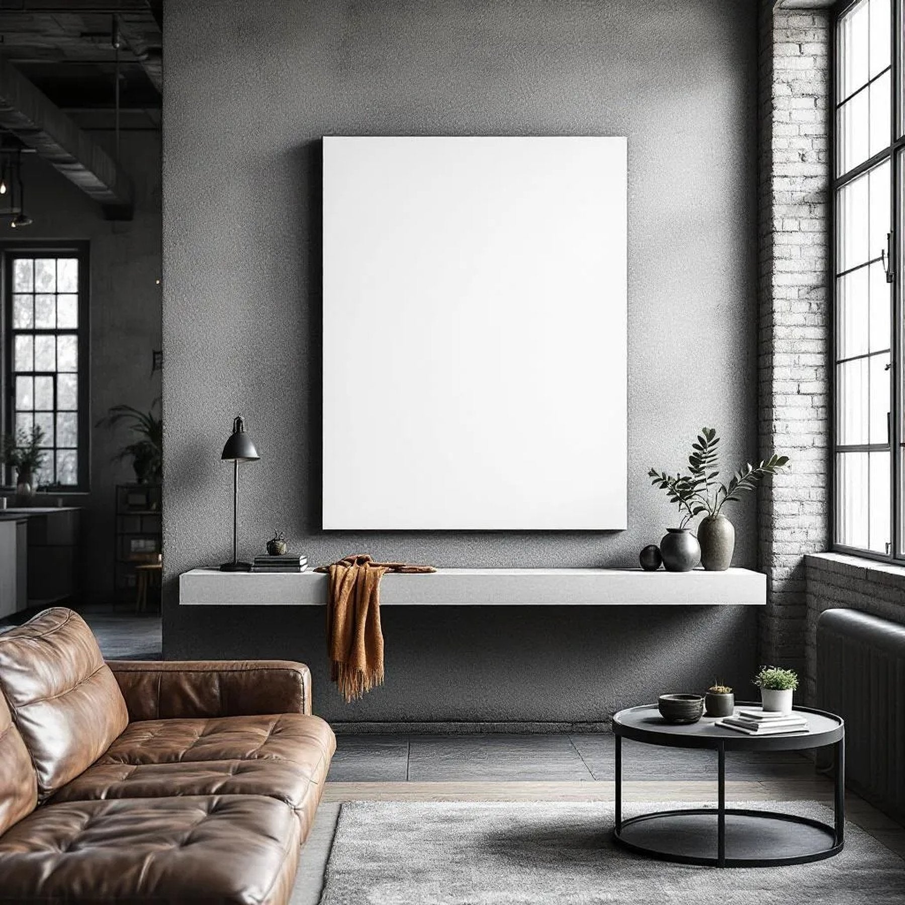 Industrial Loft Styled Room Mockup — Plain Square Frame Portrait 2:3 — Perspective View — #02755 | MockupBulk