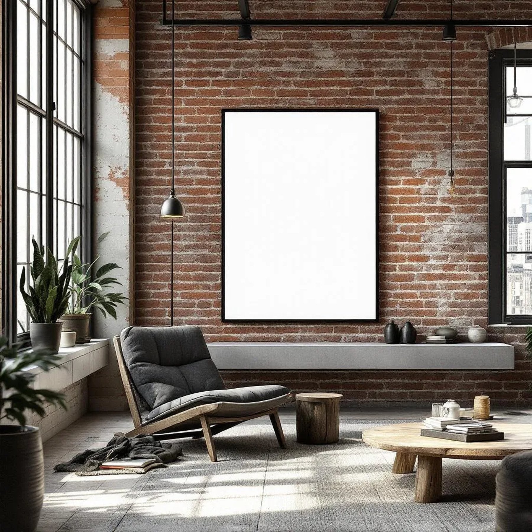Industrial Loft Wall Art Mockup — Plain Square Frame Portrait 2:3 — Perspective View — #02756 | MockupBulk
