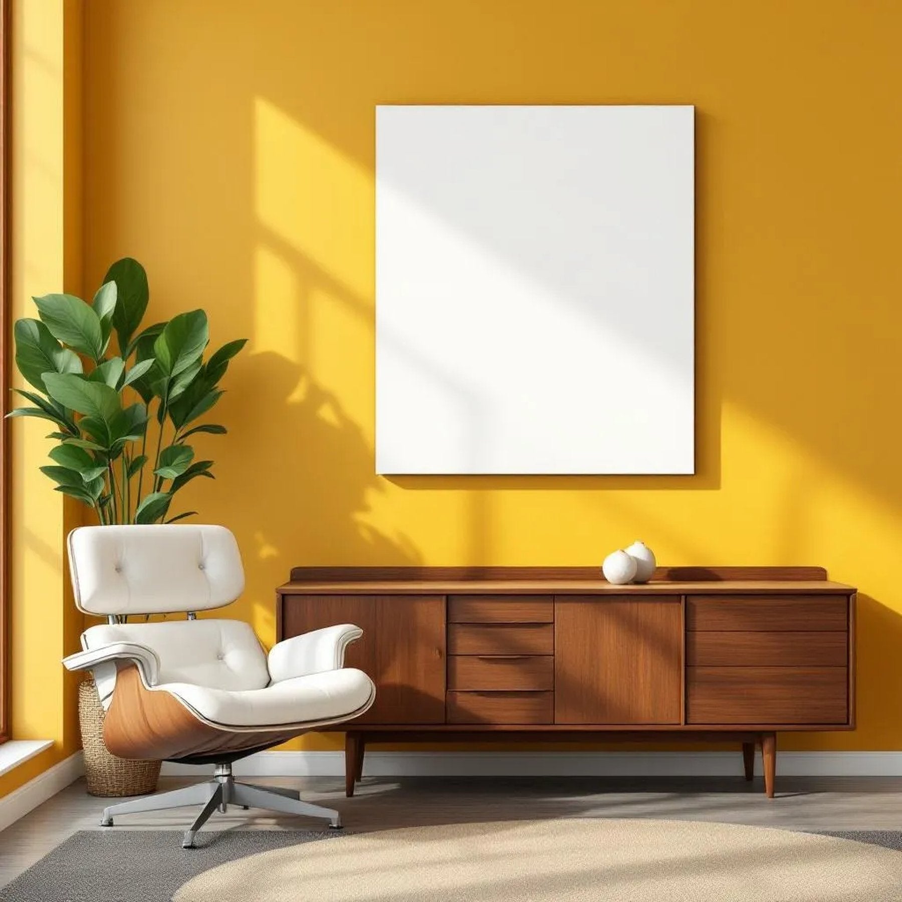 Mid-Century Modern Room Scene Mockup — Plain Square Frame Portrait 4:5 — Perspective View — #03163 | MockupBulk
