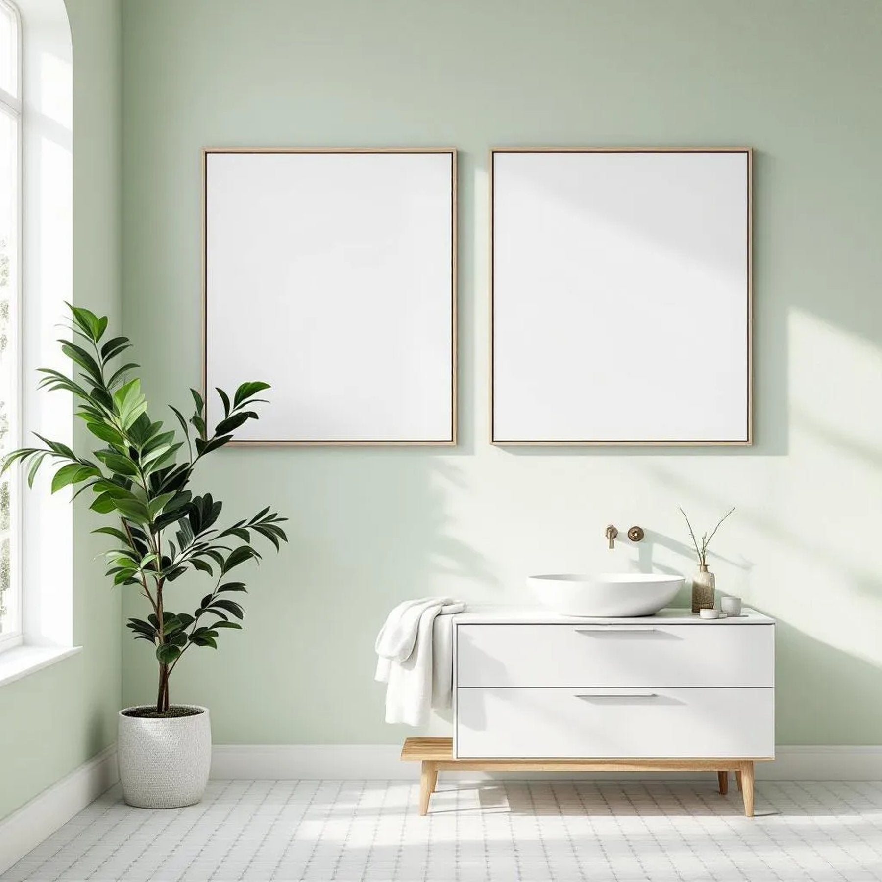 Spa Bathroom Lifestyle Frame Mockup — Plain Square Frame Square 1:1 — Perspective View — #03030 | MockupBulk