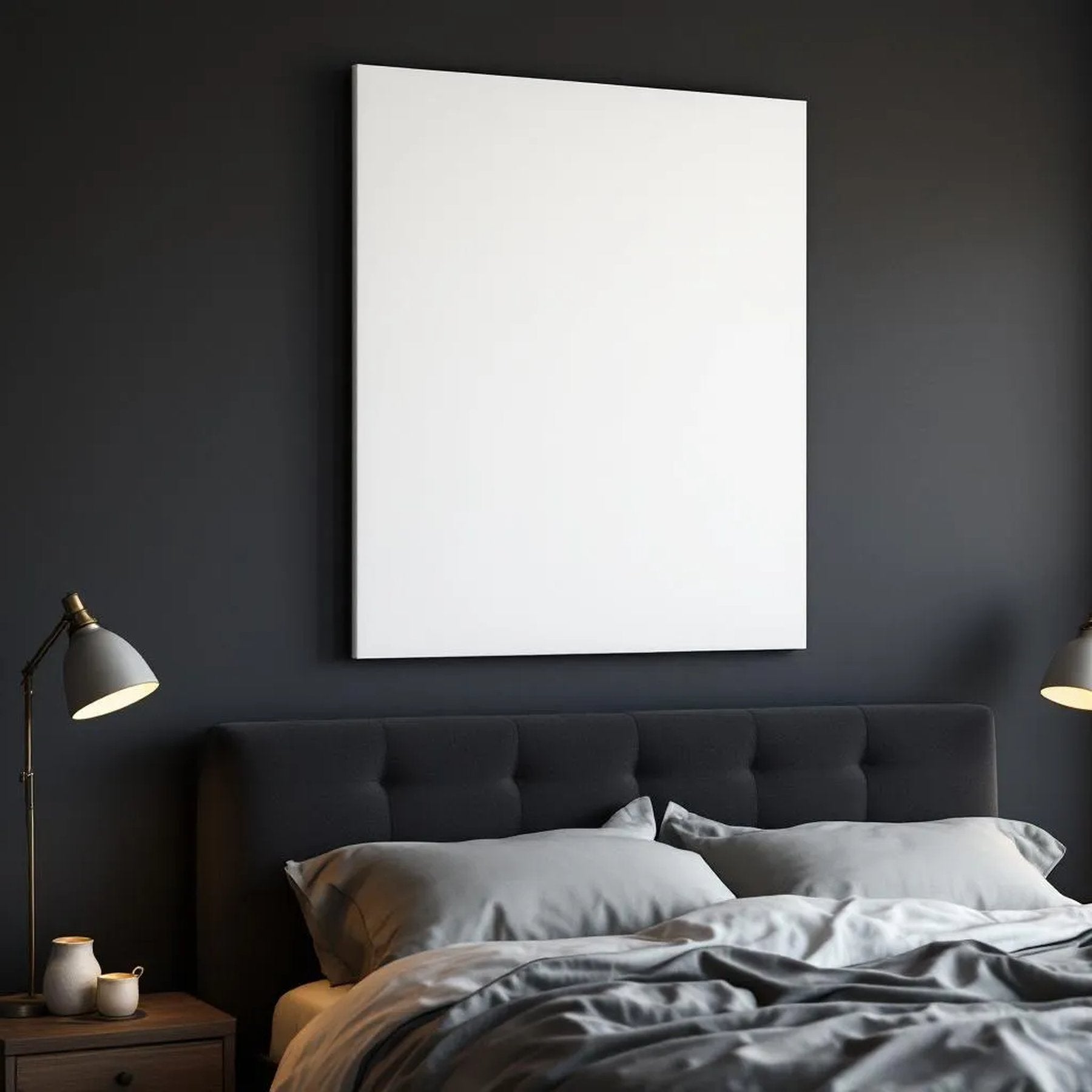 Dark Bedroom Lifestyle Frame Mockup — Plain Square Frame Landscape 11x14 — Perspective View — #02786 | MockupBulk