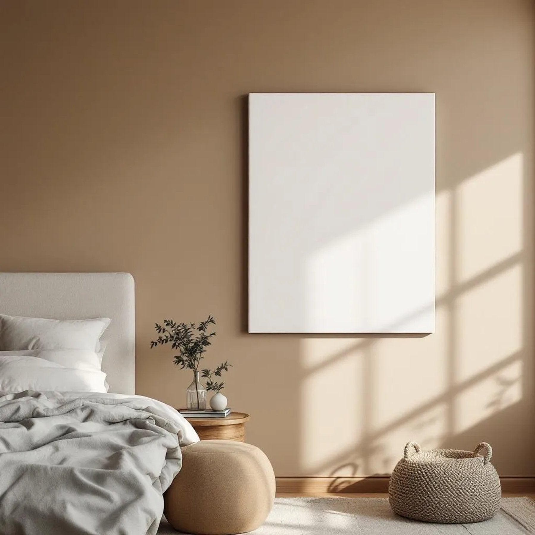 White Bedroom Lifestyle Frame Mockup — Plain Square Frame Portrait 2:3 — Perspective View — #02761 | MockupBulk