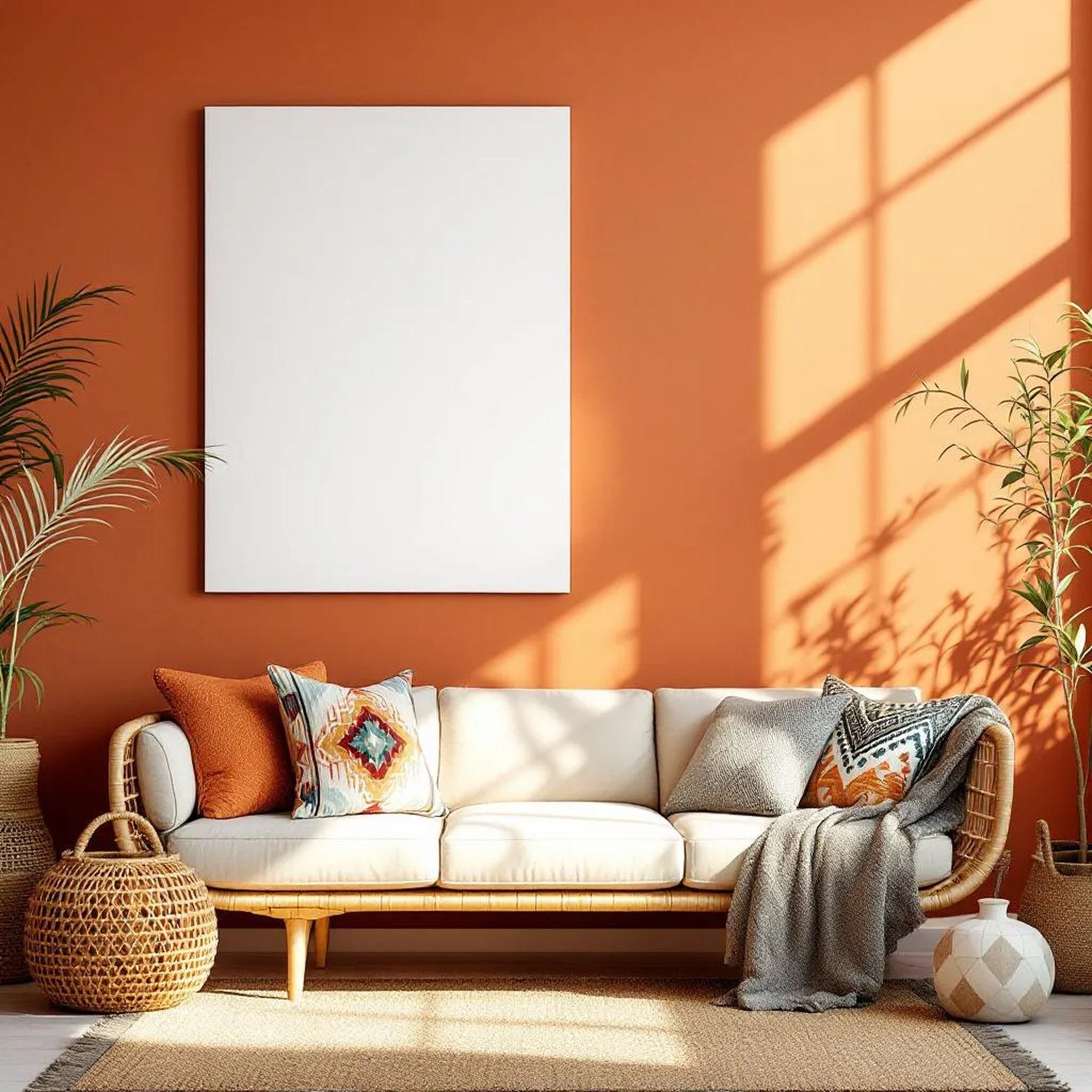Boho Living Room Frame Display Mockup — Plain Square Frame Portrait 2:3 — Perspective View — #03121 | MockupBulk