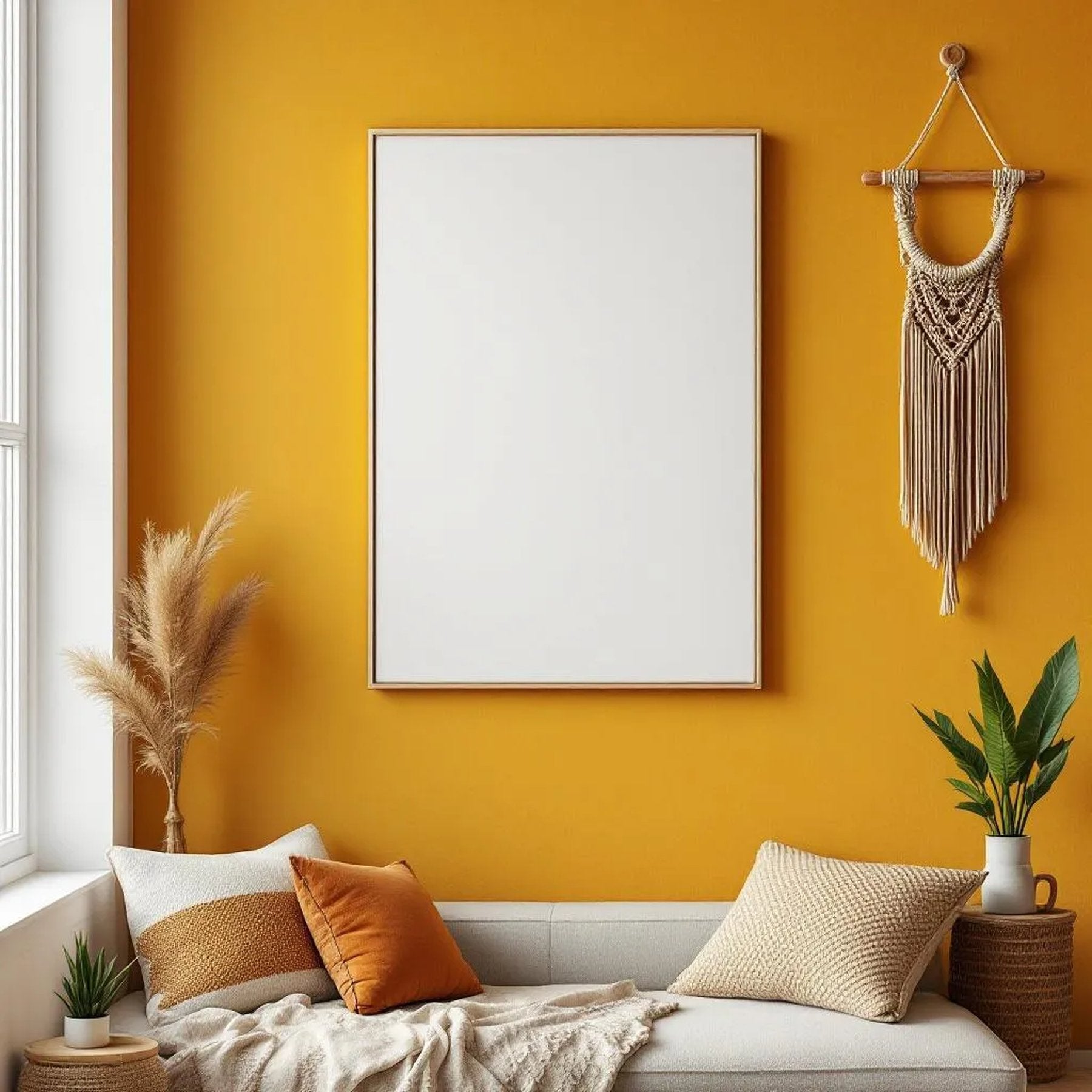 Boho Living Room Styled Room Mockup — Plain Square Frame Portrait 2:3 — Perspective View — #03122 | MockupBulk