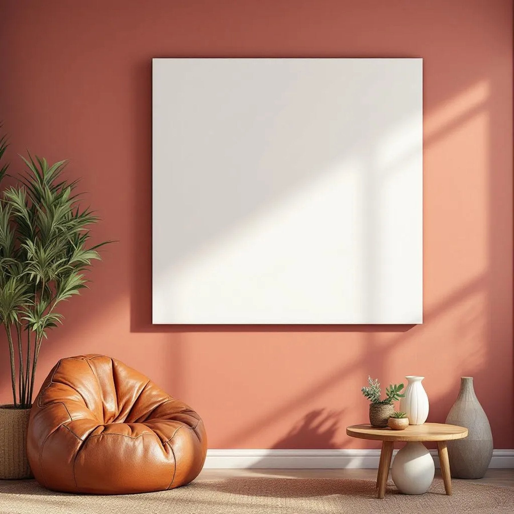 Boho Living Room High-Res Frame Mockup — Plain Square Frame Portrait 4:5 — Perspective View — #03123 | MockupBulk