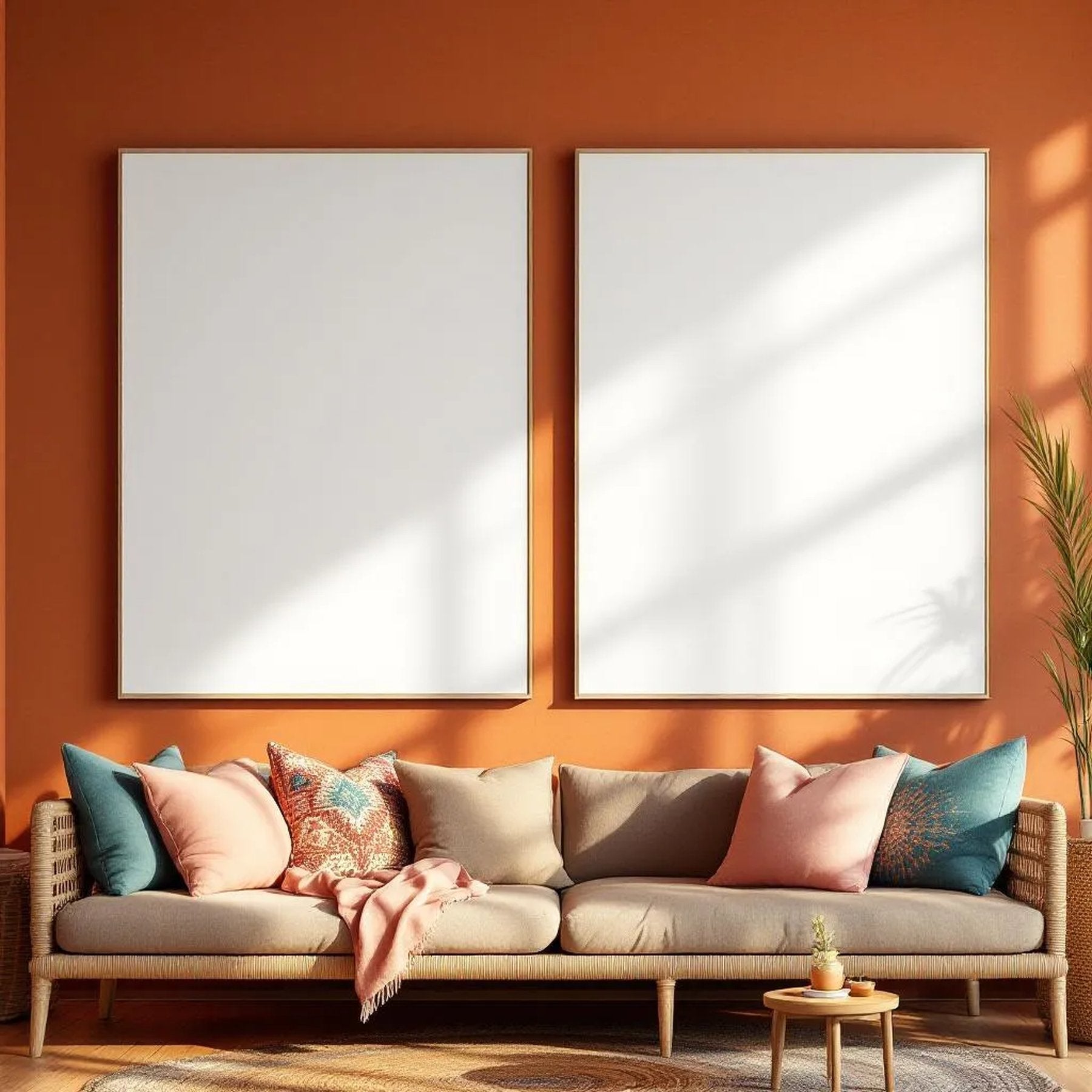 Boho Living Room Lifestyle Frame Mockup — Plain Square Frame Landscape 11x14 — Perspective View — #03124 | MockupBulk