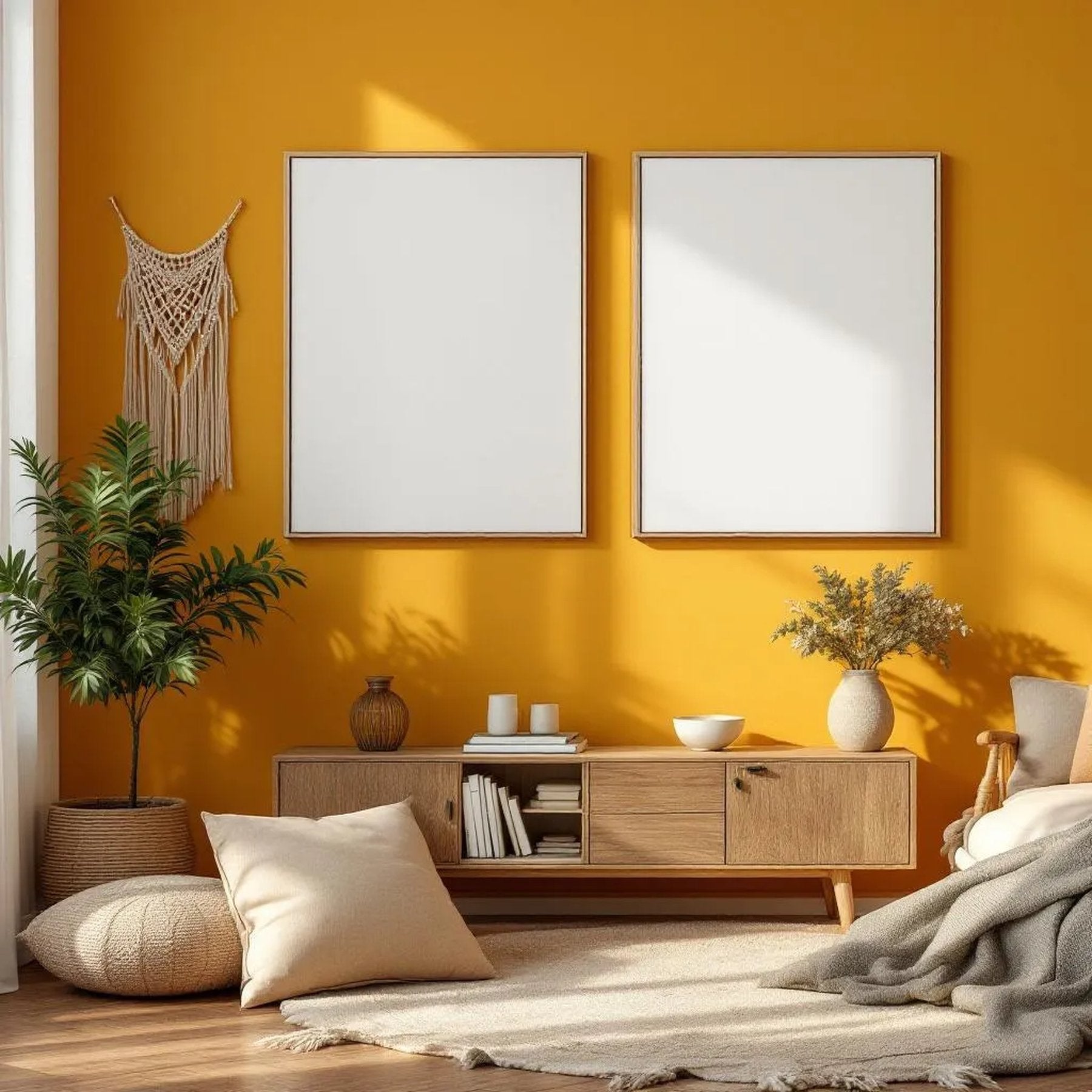 Boho Living Room Wall Art Mockup — Plain Square Frame Portrait 2:3 — Perspective View — #03125 | MockupBulk
