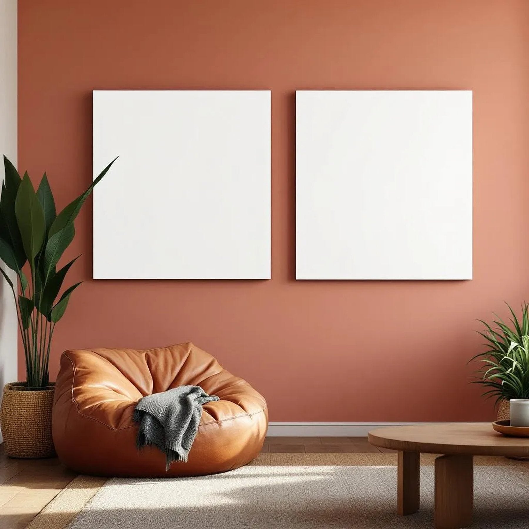 Boho Living Room Lifestyle Frame Mockup — Plain Square Frame Portrait 2:3 — Perspective View — #03126 | MockupBulk