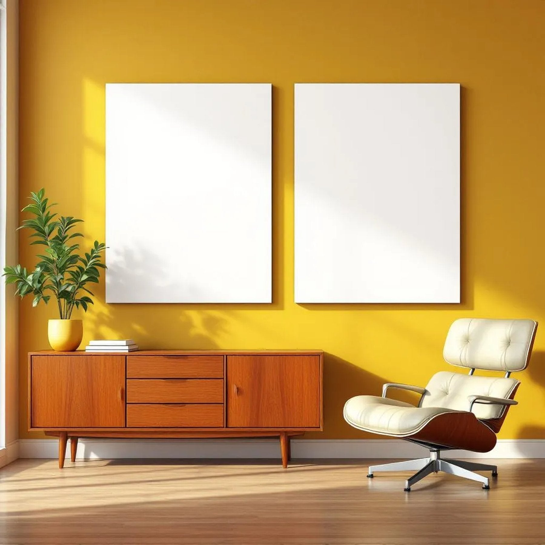 Mid-Century Modern Room Scene Mockup — Plain Square Frame Portrait 2:3 — Perspective View — #03148 | MockupBulk