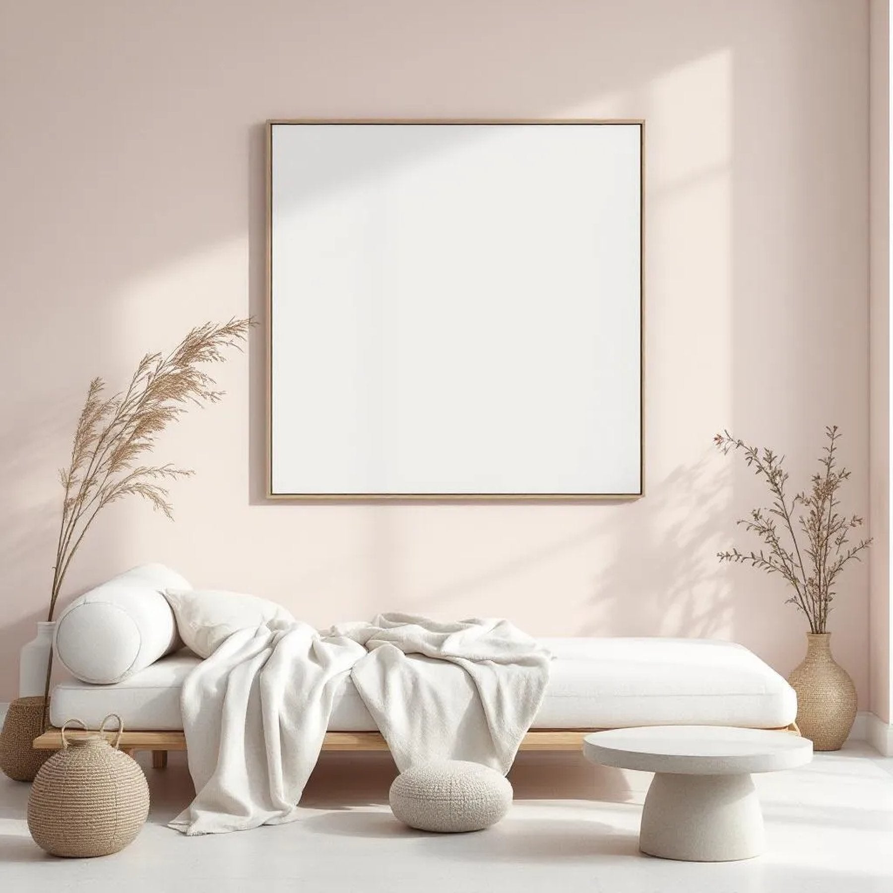 Minimalist White Room Scene Mockup — Plain Square Frame Square 1:1 — Perspective View — #02691 | MockupBulk