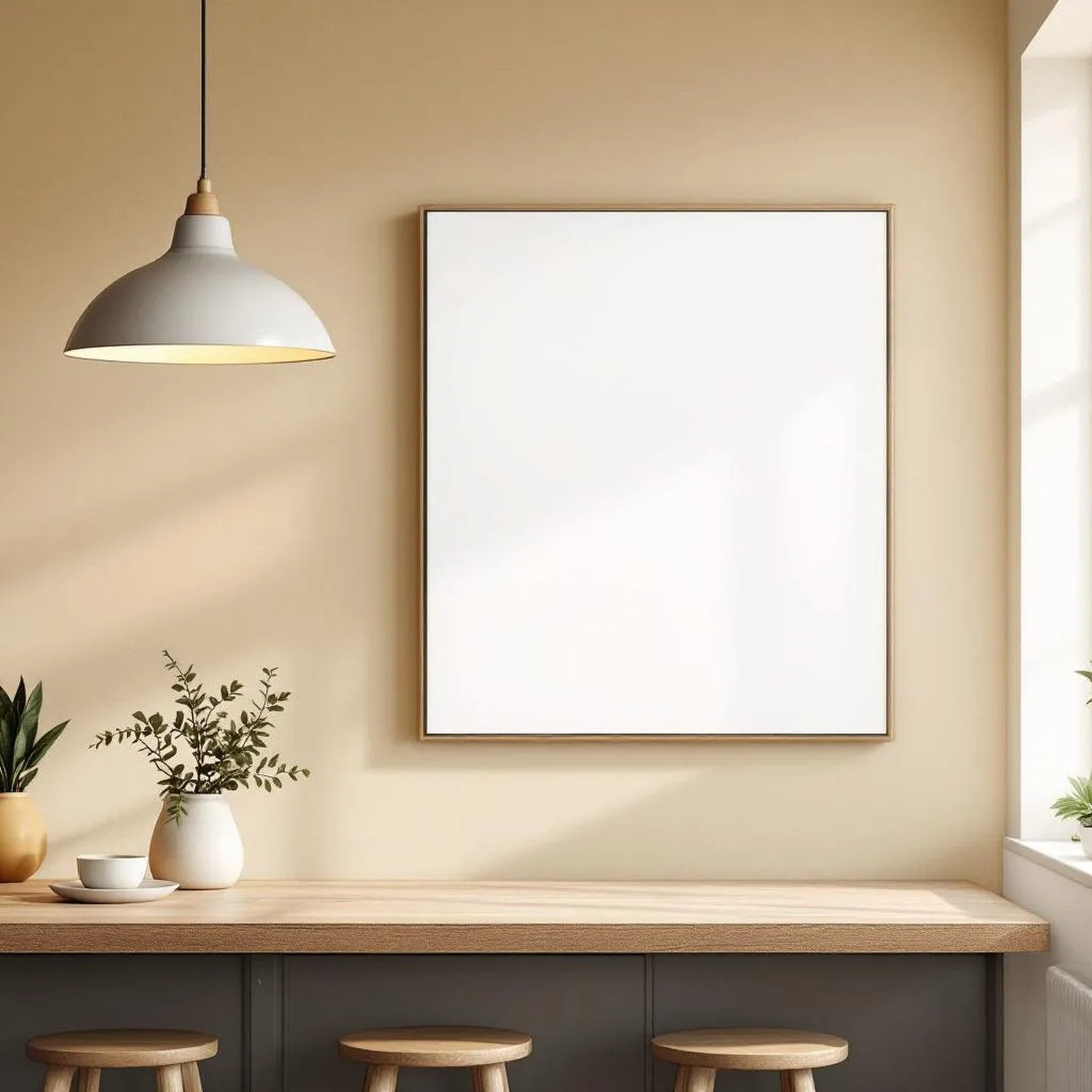 Modern Kitchen Room Scene Mockup — Plain Square Frame Portrait 2:3 — Perspective View — #03099 | MockupBulk