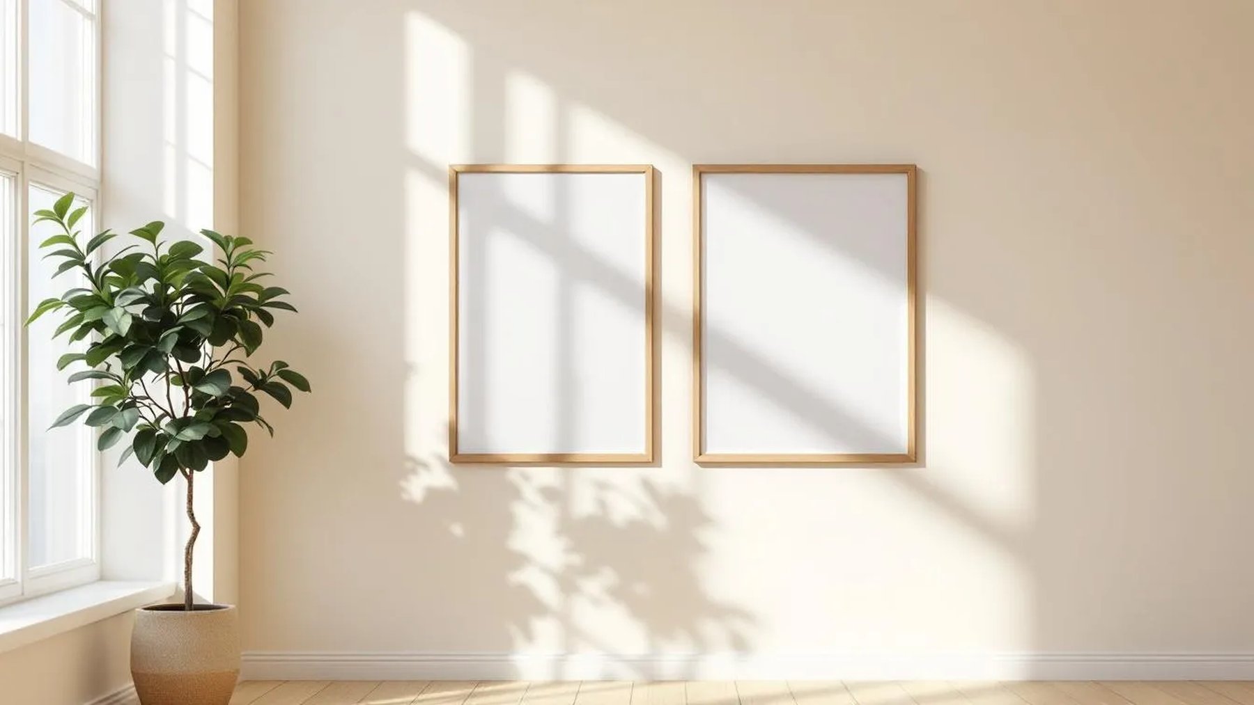 Frame Premium Interior Mockup — Natural Oak Frame Square 1:1 — Perspective View — #00383 | MockupBulk