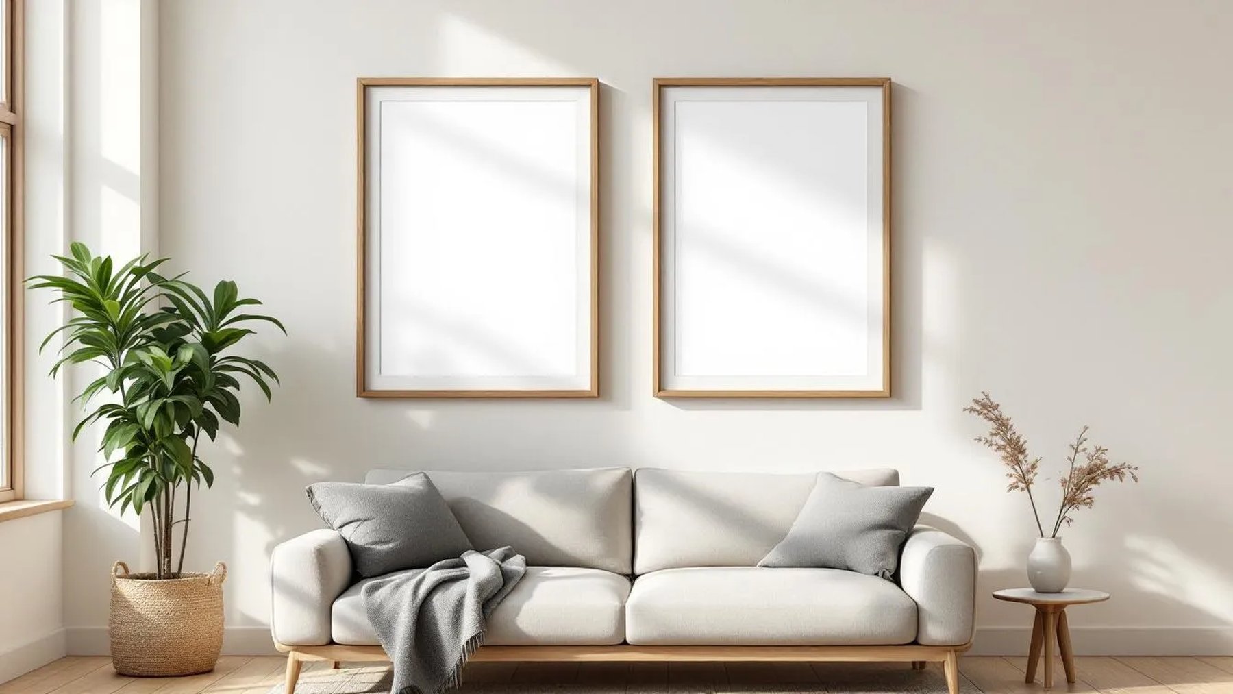 Frame Room Scene Mockup — Natural Oak Frame Portrait 2:3 — Perspective View — #00389 | MockupBulk