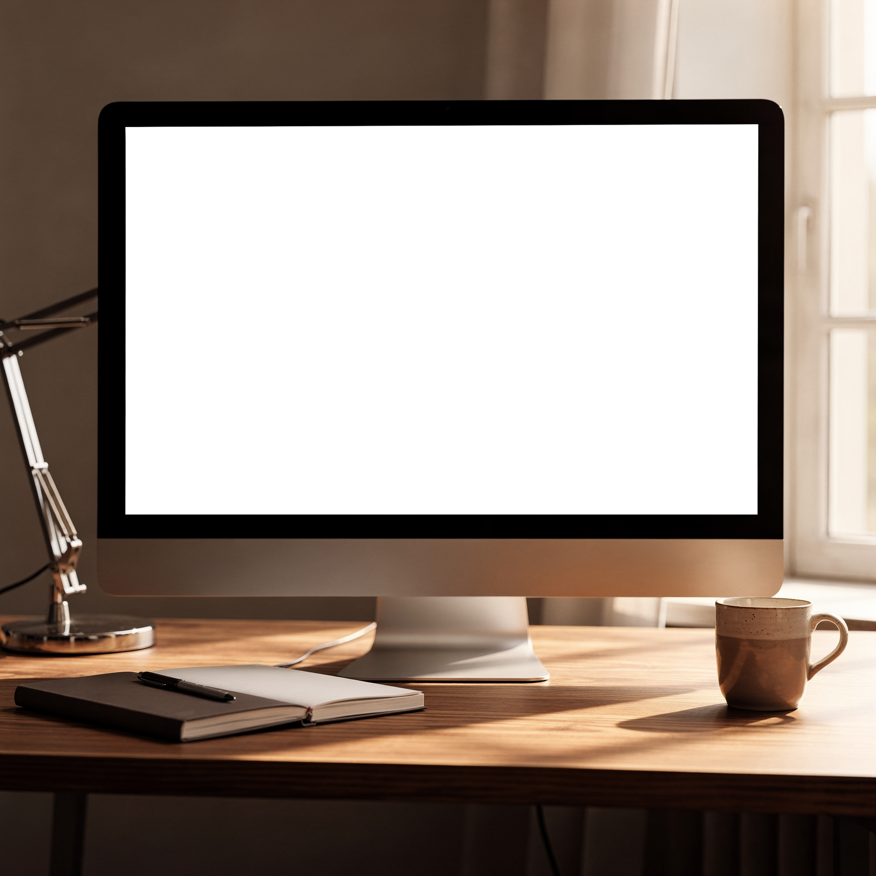 Desktop Mockup | No P Desk Wood Lamp | Instant PNG Download | Transparent Screen | Commercial Use | MockupBulk