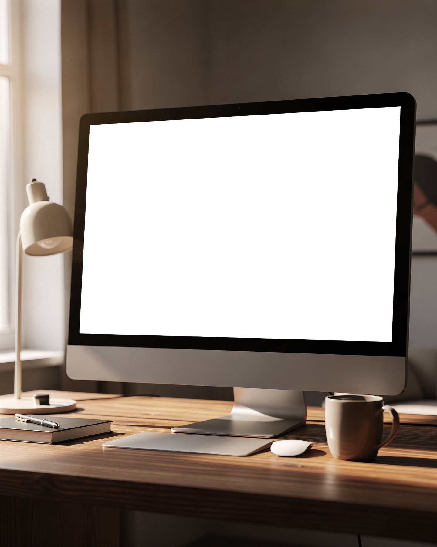Desktop Mockup | No P Desk Wood Lamp | High-Res PNG with Transparent Screen | Commercial Use | bulkmockup | MockupBulk