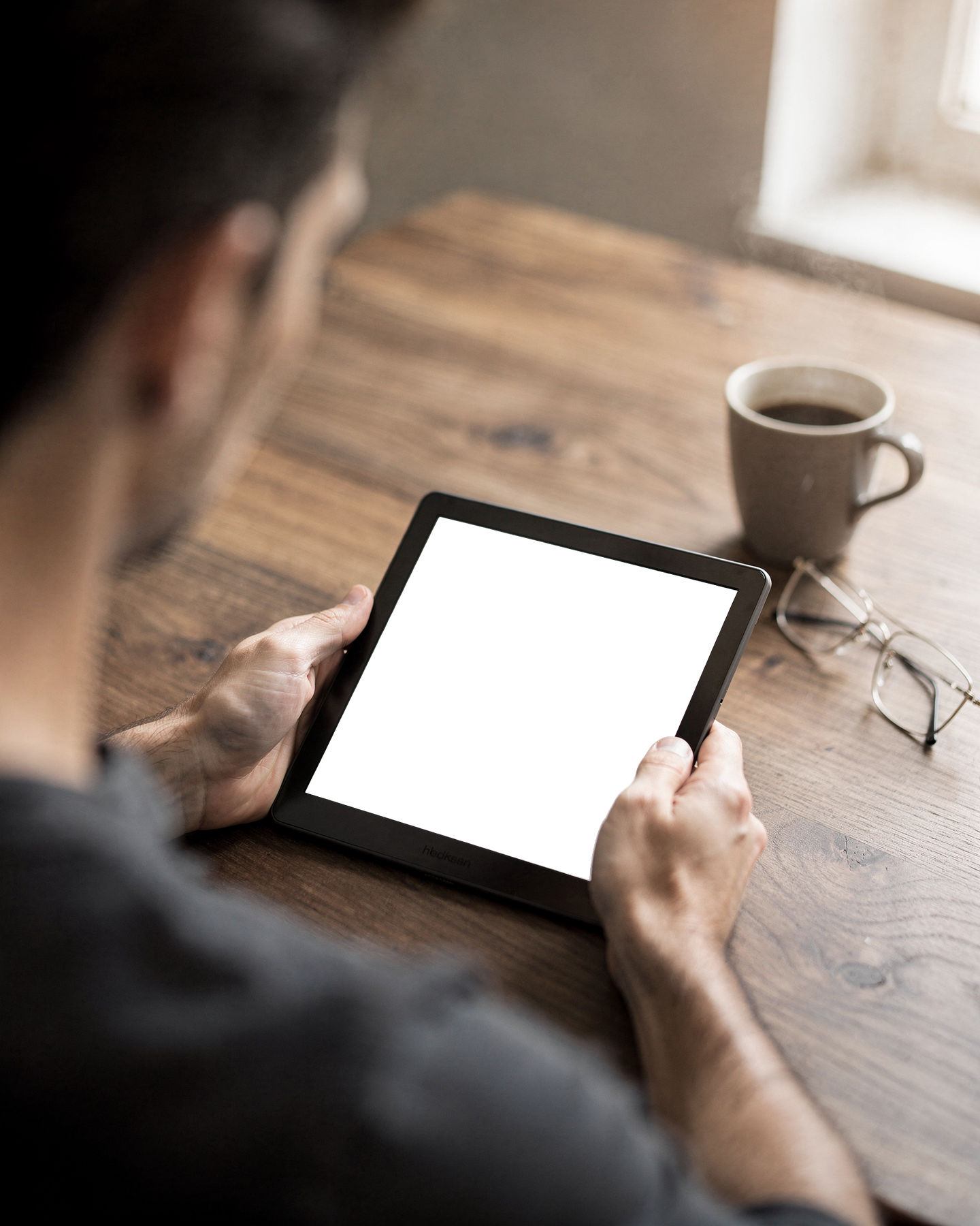 No P Table Coffee E-Reader Mockup | Device Mockup PNG | bulkmockup | Commercial Licence Included | MockupBulk