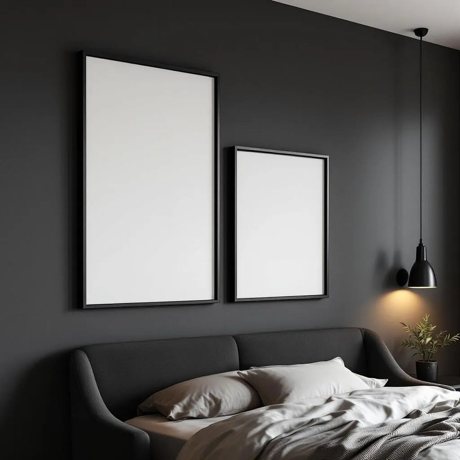 Dark Bedroom Frame Display Mockup — Plain Square Frame Mixed Aspect — Perspective View — #04154 | MockupBulk