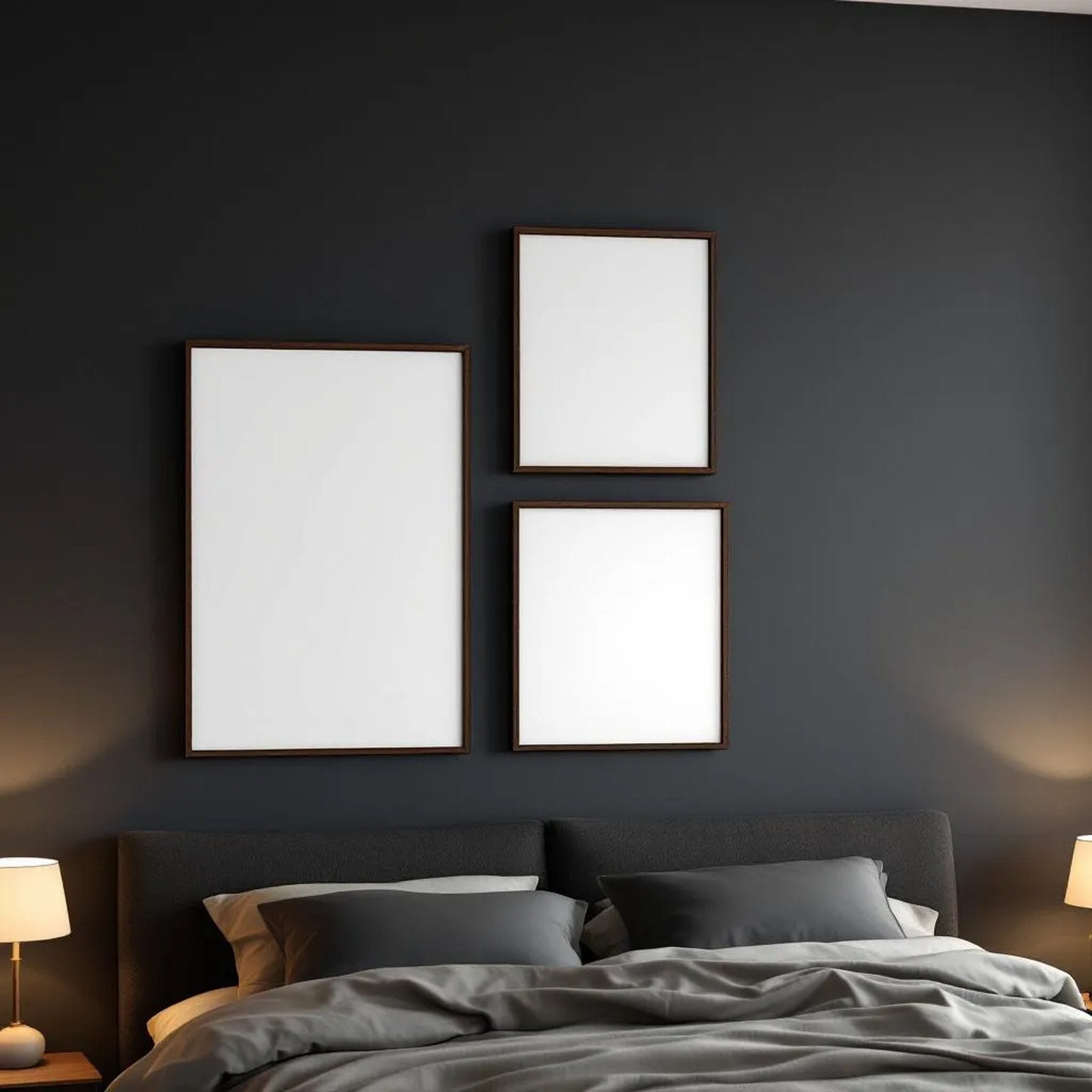 Dark Bedroom Room Scene Mockup — Plain Square Frame Mixed Aspect — Perspective View — #04157 | MockupBulk