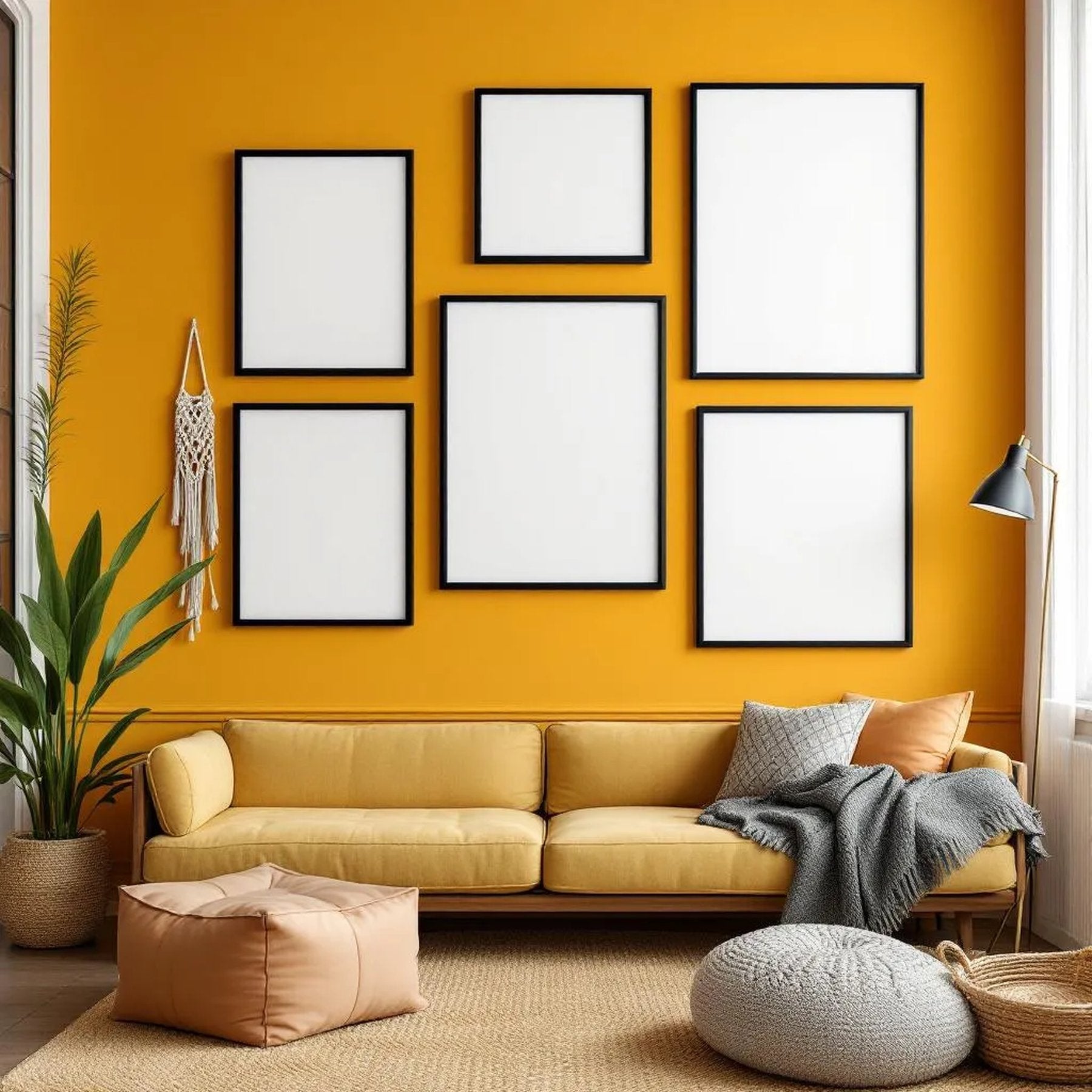 Boho Living Room Frame Display Mockup — Plain Square Frame Mixed Aspect — Perspective View — #04226 | MockupBulk