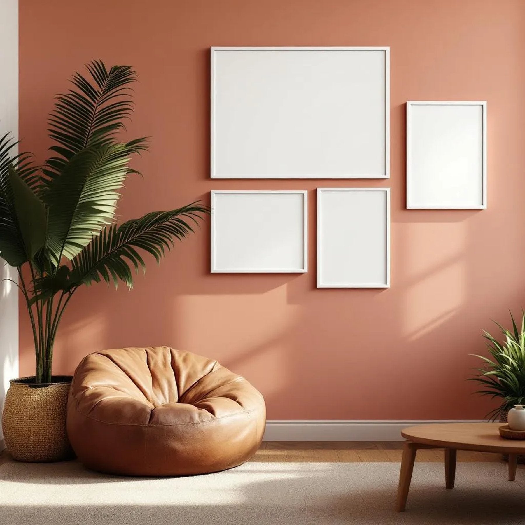 Boho Living Room Wall Art Mockup — Plain Square Frame Mixed Aspect — Perspective View — #04227 | MockupBulk