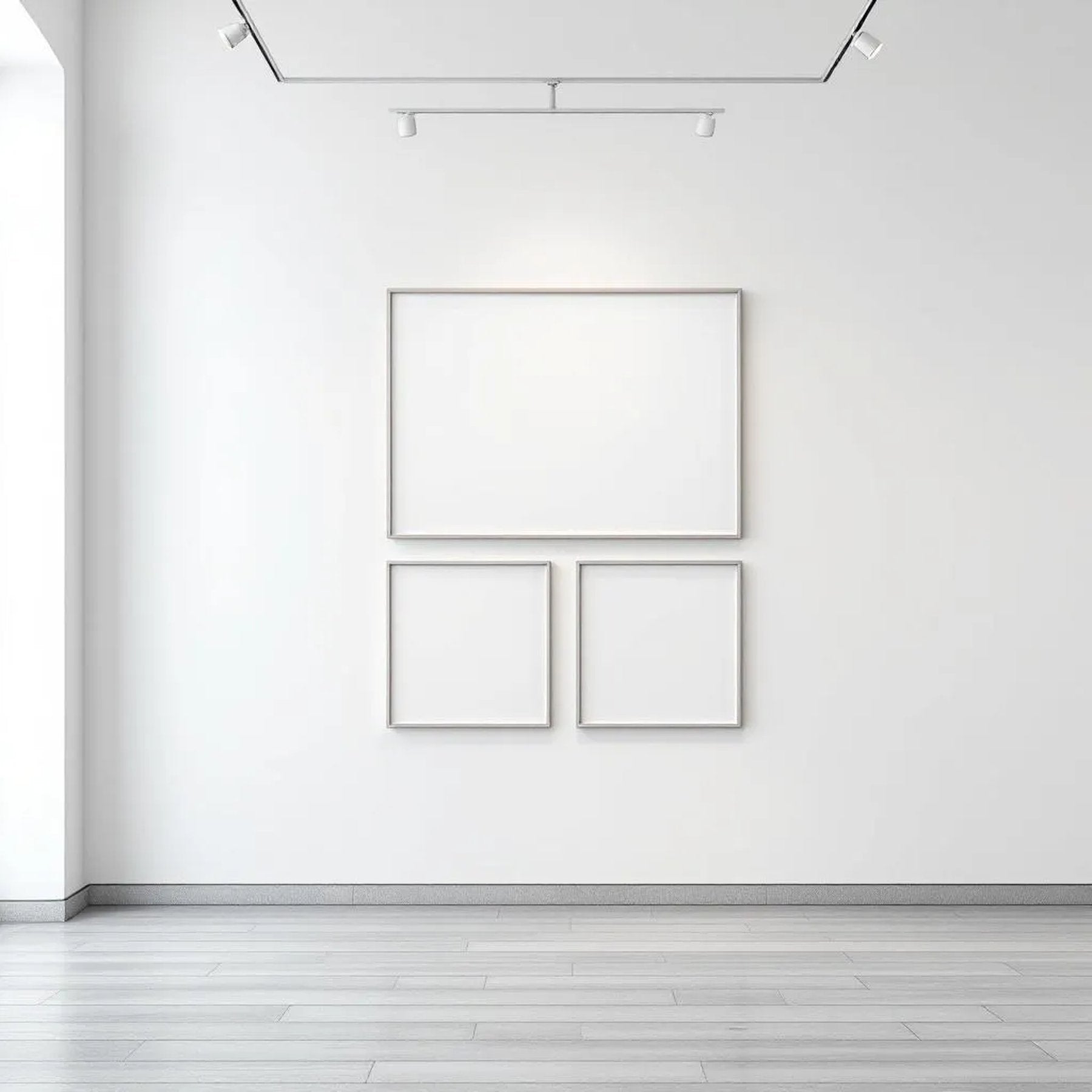 White Gallery Wall High-Res Frame Mockup — Plain Square Frame Mixed Aspect — Perspective View — #04167 | MockupBulk