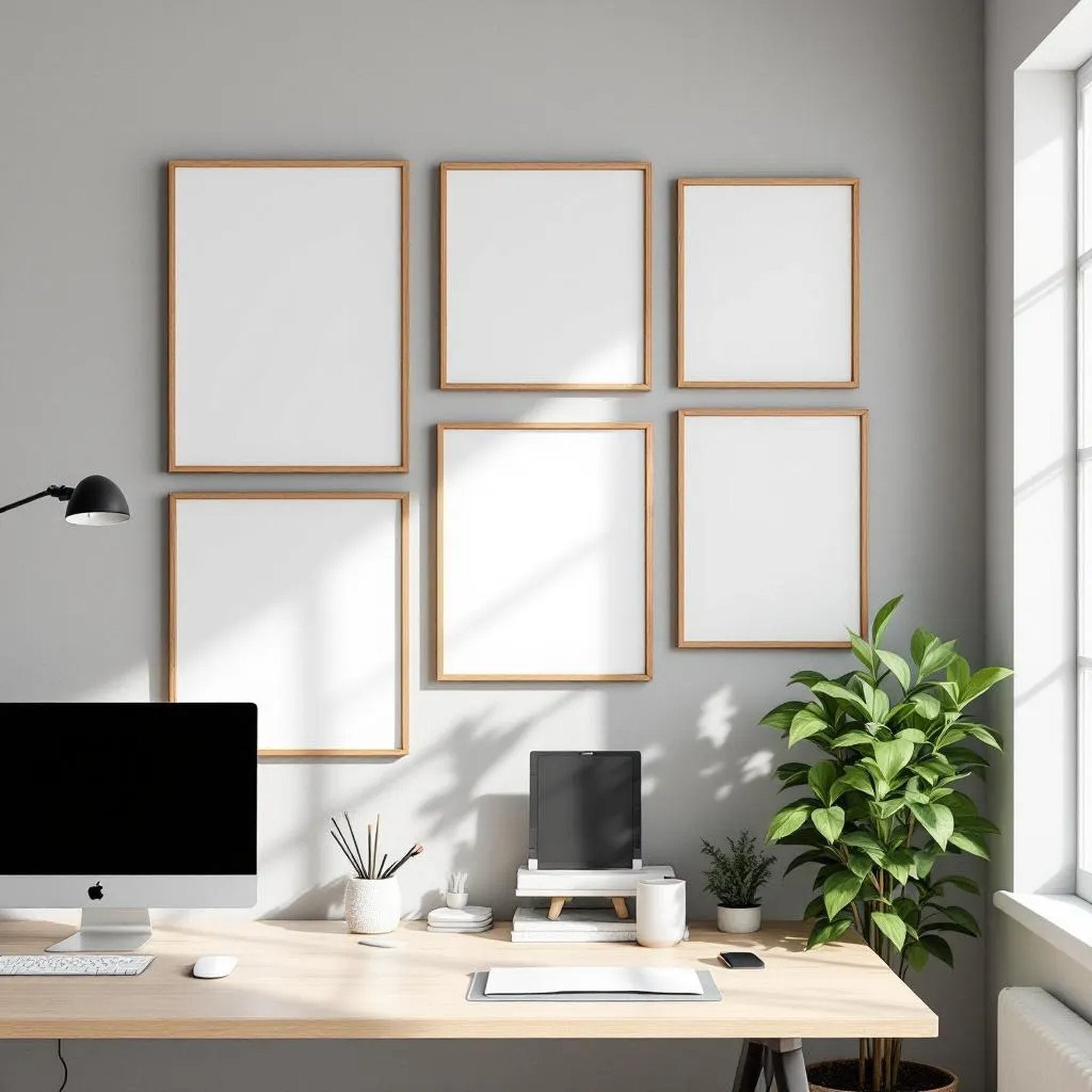 Home Office Lifestyle Frame Mockup — Plain Square Frame Mixed Aspect — Perspective View — #04188 | MockupBulk