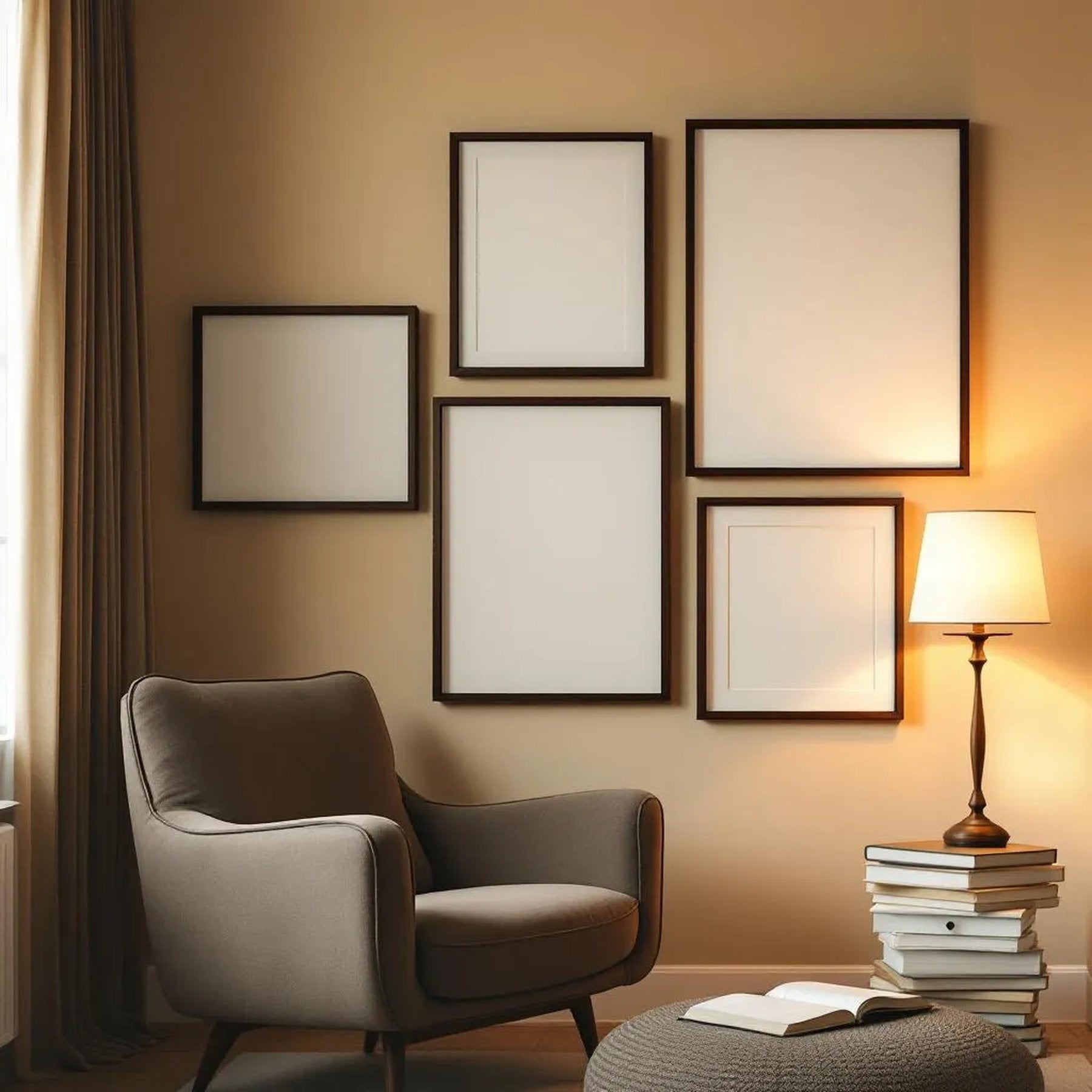 Reading Nook Styled Room Mockup — Plain Square Frame Mixed Aspect — Perspective View — #04201 | MockupBulk