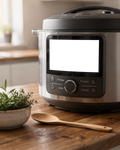 Appliance Cooking Machine Wooden Counter Kitchen Appliance Mockup | Transparent Screen PNG Download | Commercial Licence | bulkmockup