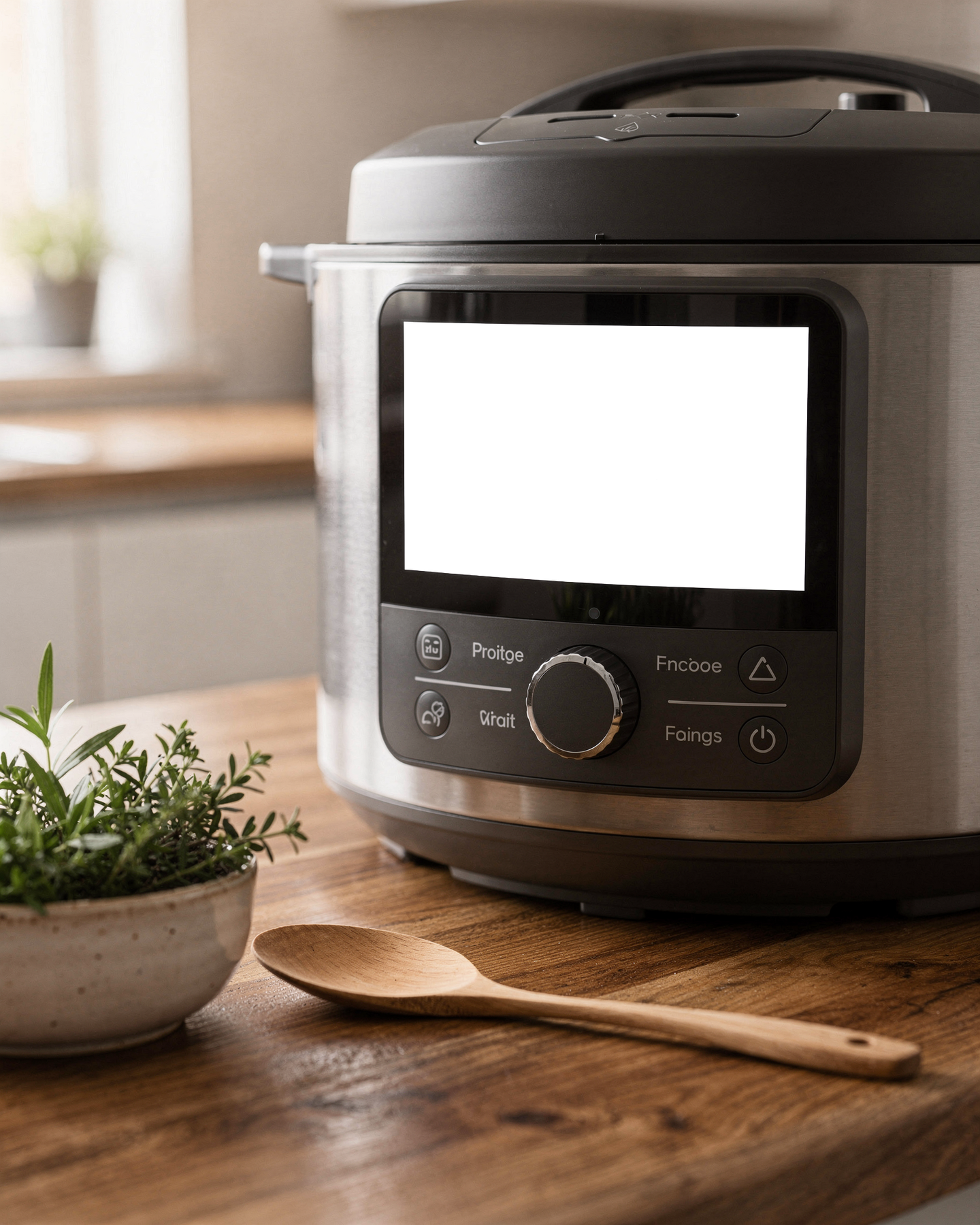 Appliance Cooking Machine Wooden Counter Kitchen Appliance Mockup | Transparent Screen PNG Download | Commercial Licence | bulkmockup
