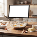 Appliance Recipe Tablet Behind Mixing Bowl Kitchen Appliance Mockup | PNG Mockup Template | bulkmockup | For App & Web Designers | MockupBulk