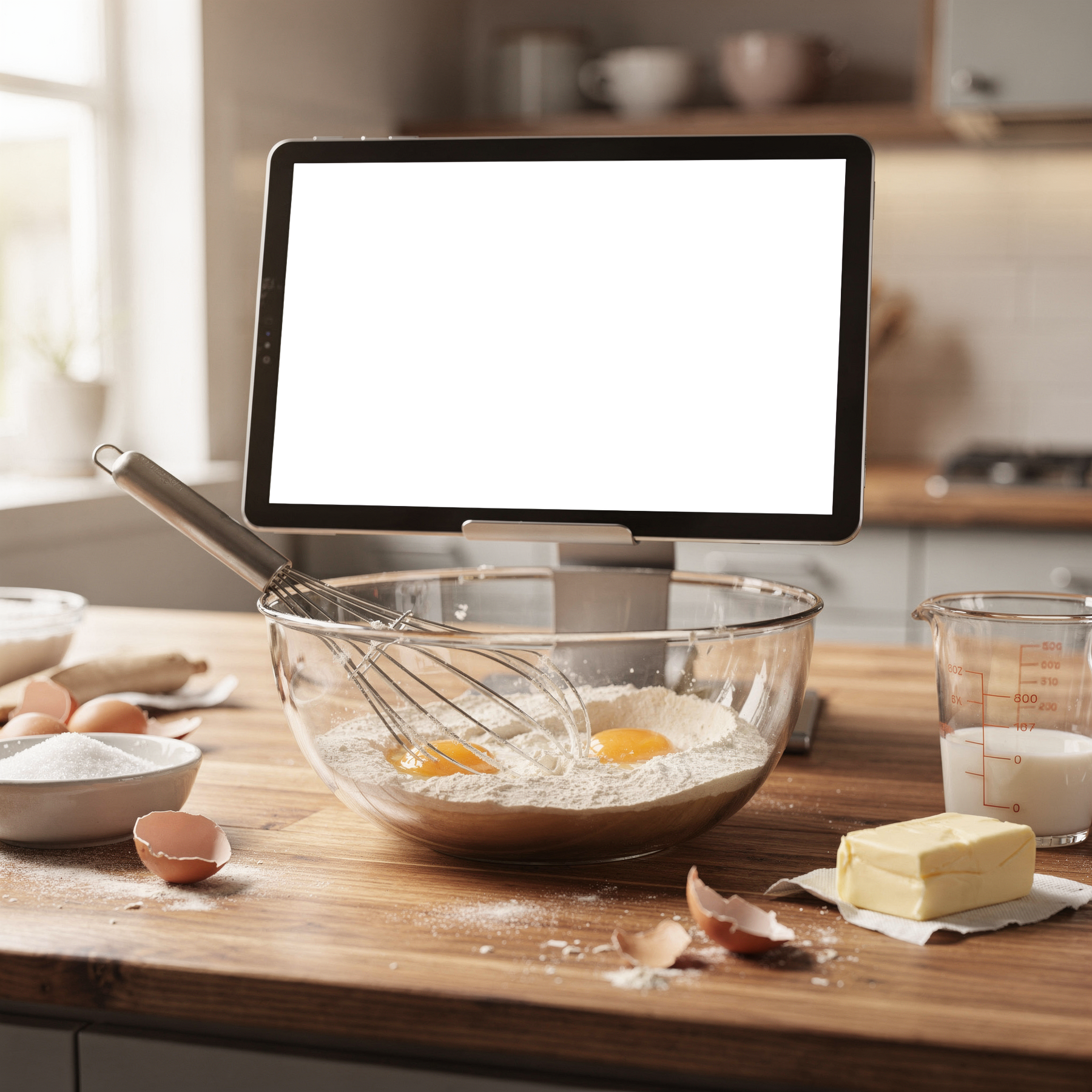 Appliance Recipe Tablet Behind Mixing Bowl Kitchen Appliance Mockup | PNG Mockup Template | bulkmockup | For App & Web Designers | MockupBulk