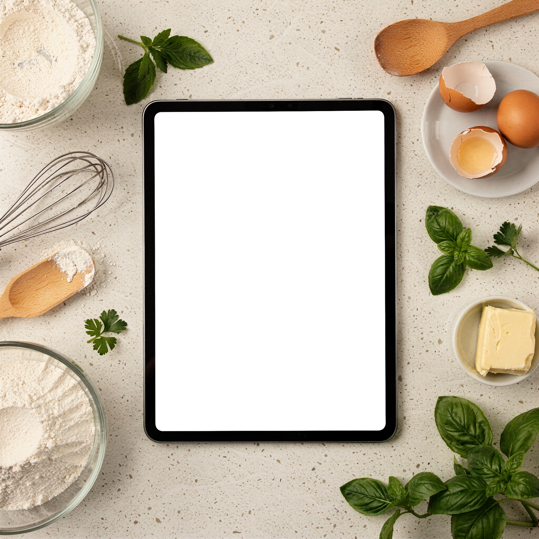 Kitchen Appliance, Appliance Recipe Tablet Overhead Flat | Device Mockup PNG | bulkmockup | Commercial Licence Included | MockupBulk