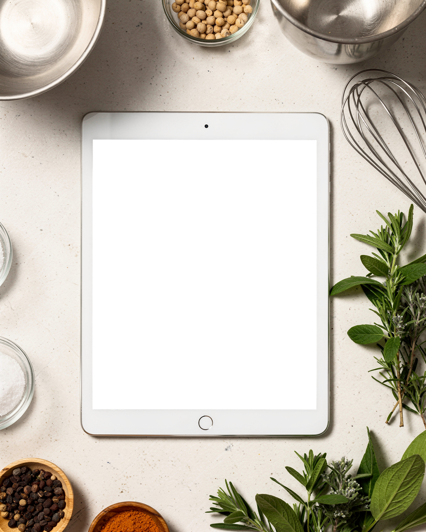 Kitchen Appliance Mockup — Appliance Recipe Tablet Overhead Flat — PNG Mockup Template | bulkmockup | For App & Web Designers | MockupBulk