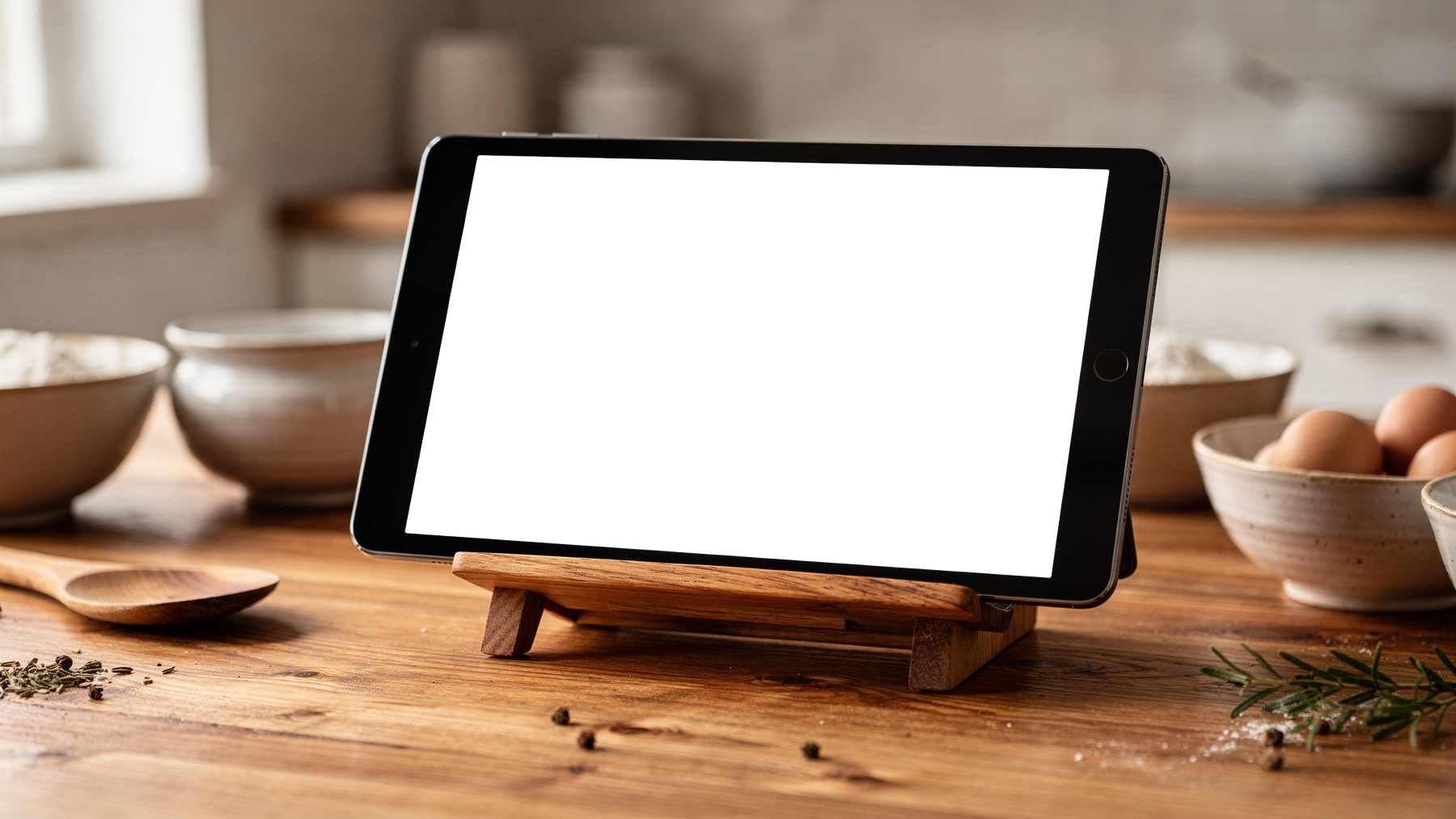 Appliance Recipe Tablet Wooden Stand Kitchen Appliance Mockup | Transparent Screen PNG Download | Commercial Licence | bulkmockup