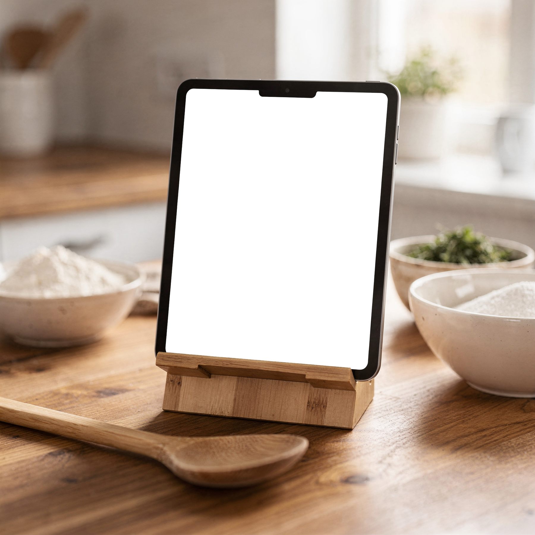 Kitchen Appliance Mockup | Appliance Recipe Tablet Wooden Stand | bulkmockup PNG Template | Transparent Display | Commercial Use | MockupBulk