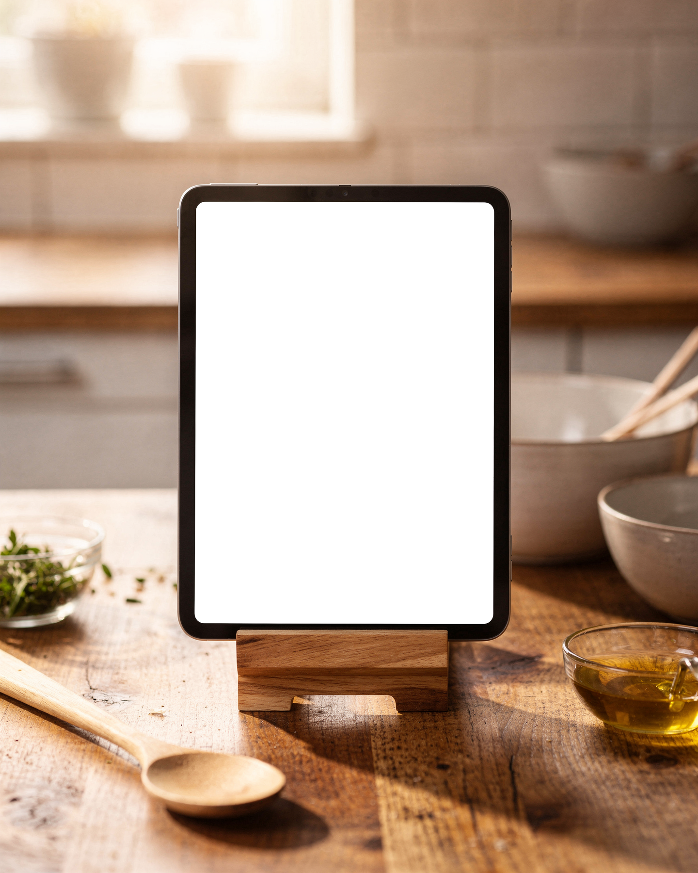 Kitchen Appliance Mockup | Appliance Recipe Tablet Wooden Stand | bulkmockup PNG Template | Transparent Display | Commercial Use | MockupBulk