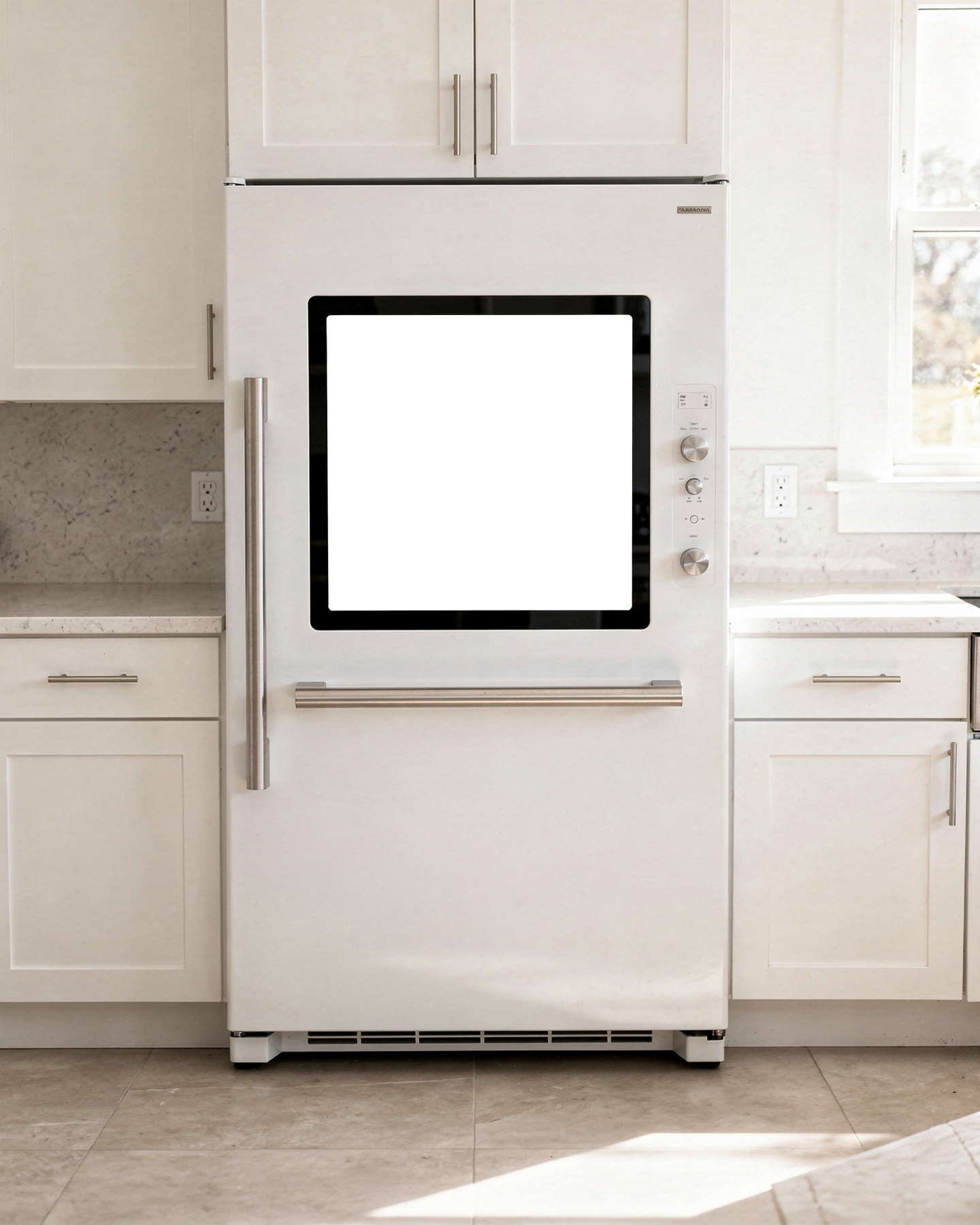 Kitchen Appliance Mockup — Appliance Smart Fridge White Kitchen — bulkmockup PNG Template | Transparent Display | Commercial Use | MockupBulk