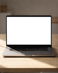 Laptop Mockup — Generic Open Wood Bg — High-Res PNG with Transparent Screen | Commercial Use | bulkmockup | MockupBulk