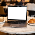 No P Cafe Table Latte Laptop Mockup | PNG Mockup Template | bulkmockup | For App & Web Designers | MockupBulk